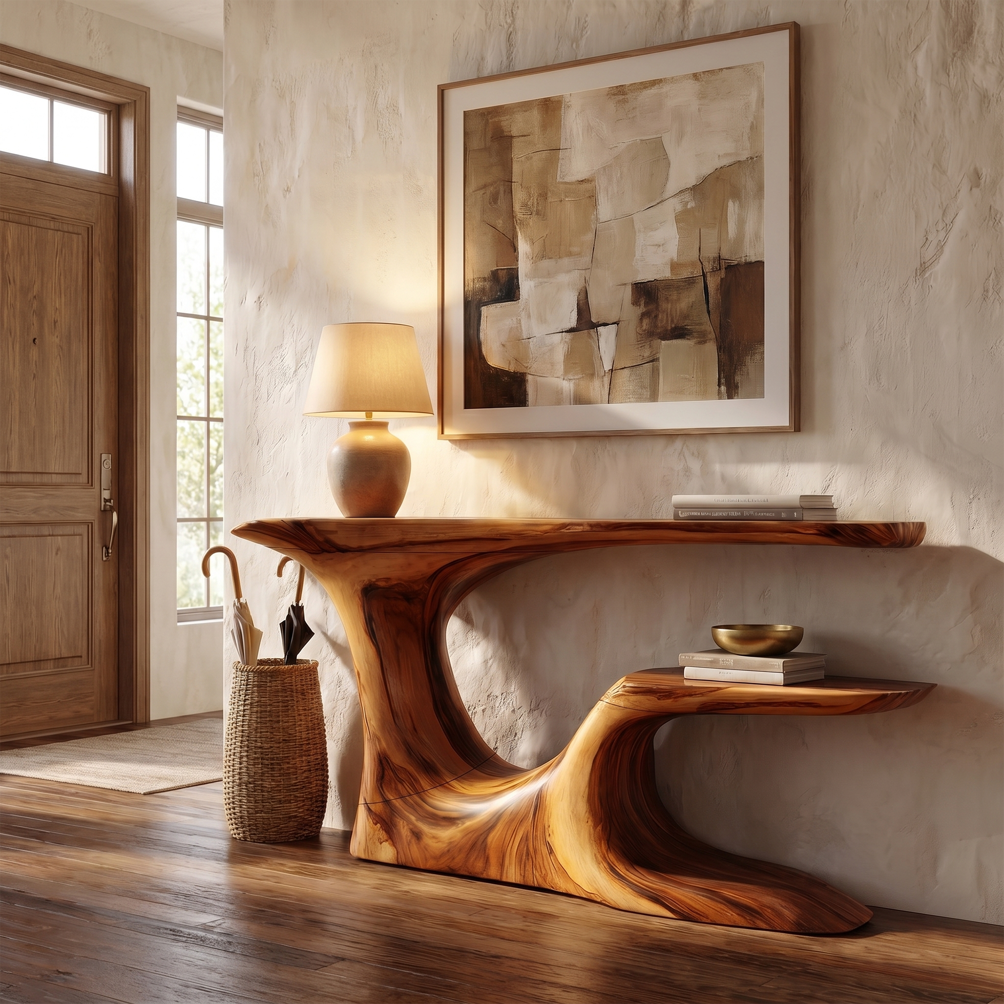 Rustic Organic Console Table With Live Edge Top And Sculptural Solid Wood Base For Entryway SINLKICS603