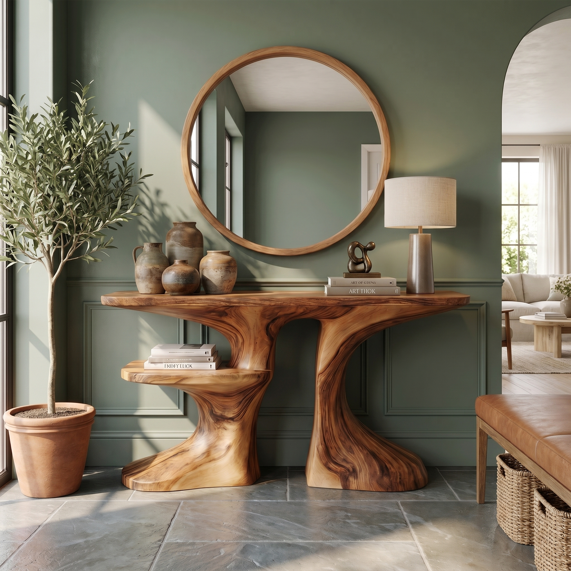 Organic Console Table With Live Edge Countertop And Sculptural Solid Wood Base For Entryway SINLKICS604