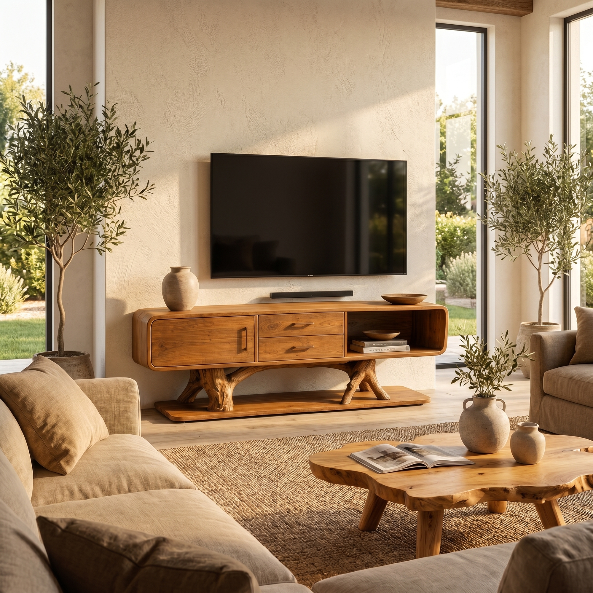 Modern Organic TV Cabinet With Built In Drawer Storage For Living Room SINLKITC046