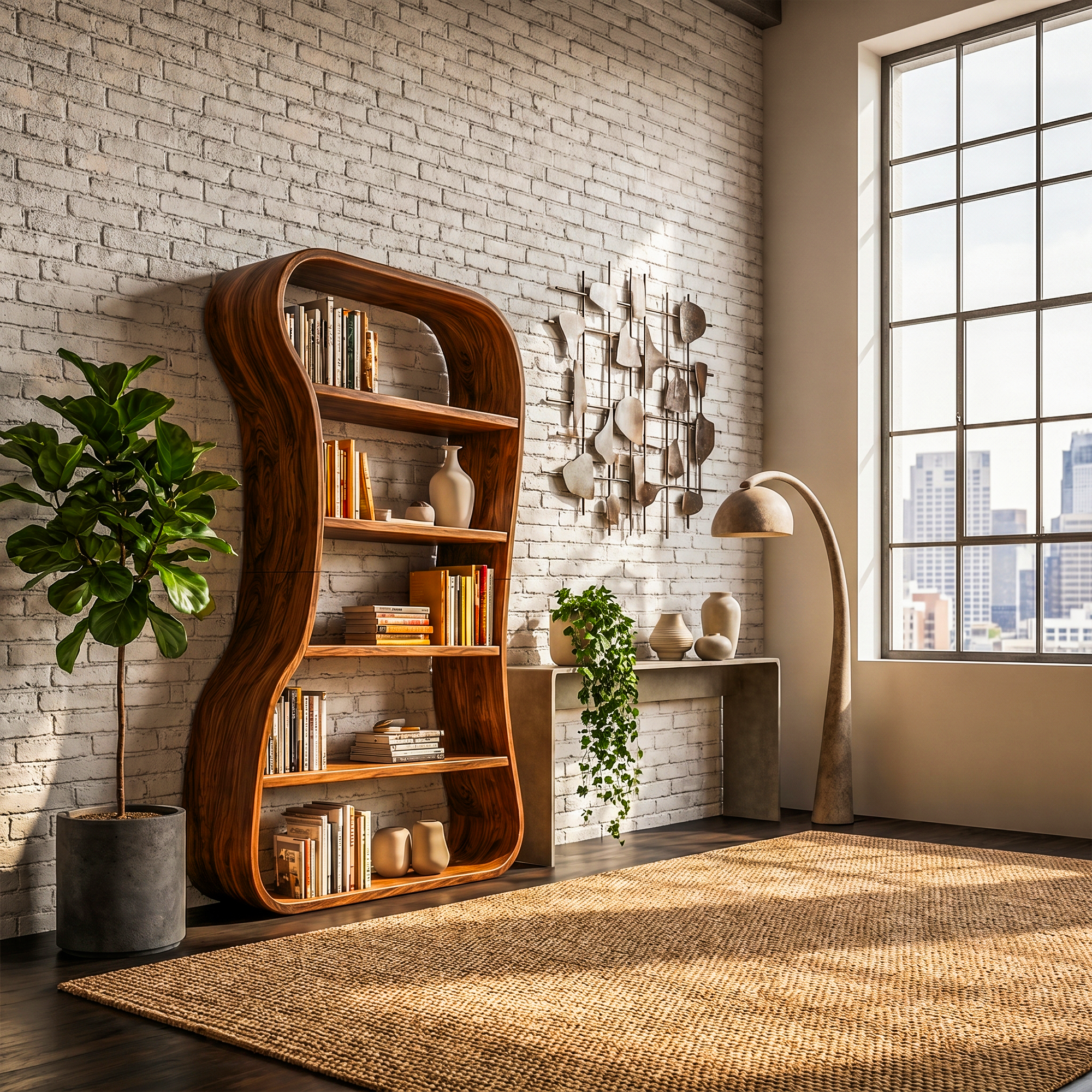 Organic Bookshelf With Sculptural Curved Solid Wood Shelves For Living Room SINLKIBS035