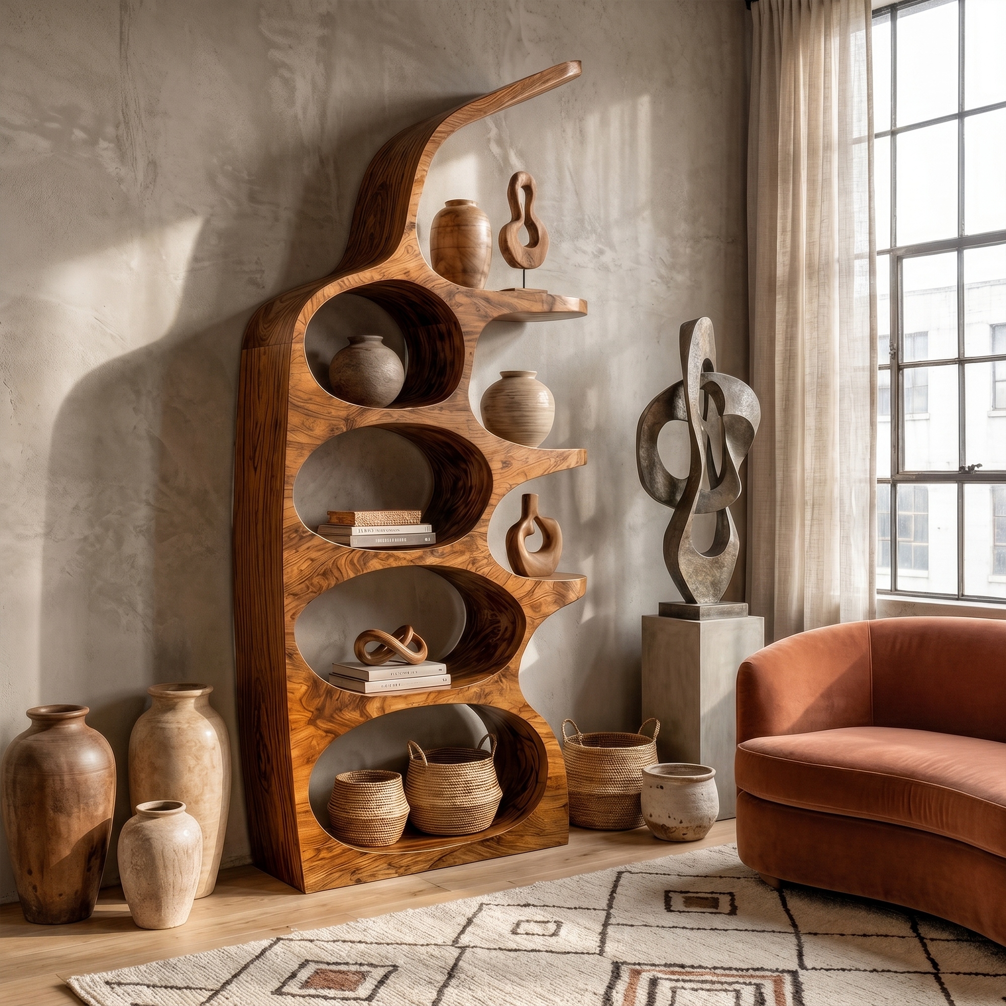 Modern Sculptural Bookshelf With Curved Open Shelves And Solid Wood Design For Living Room SINLKIBS036