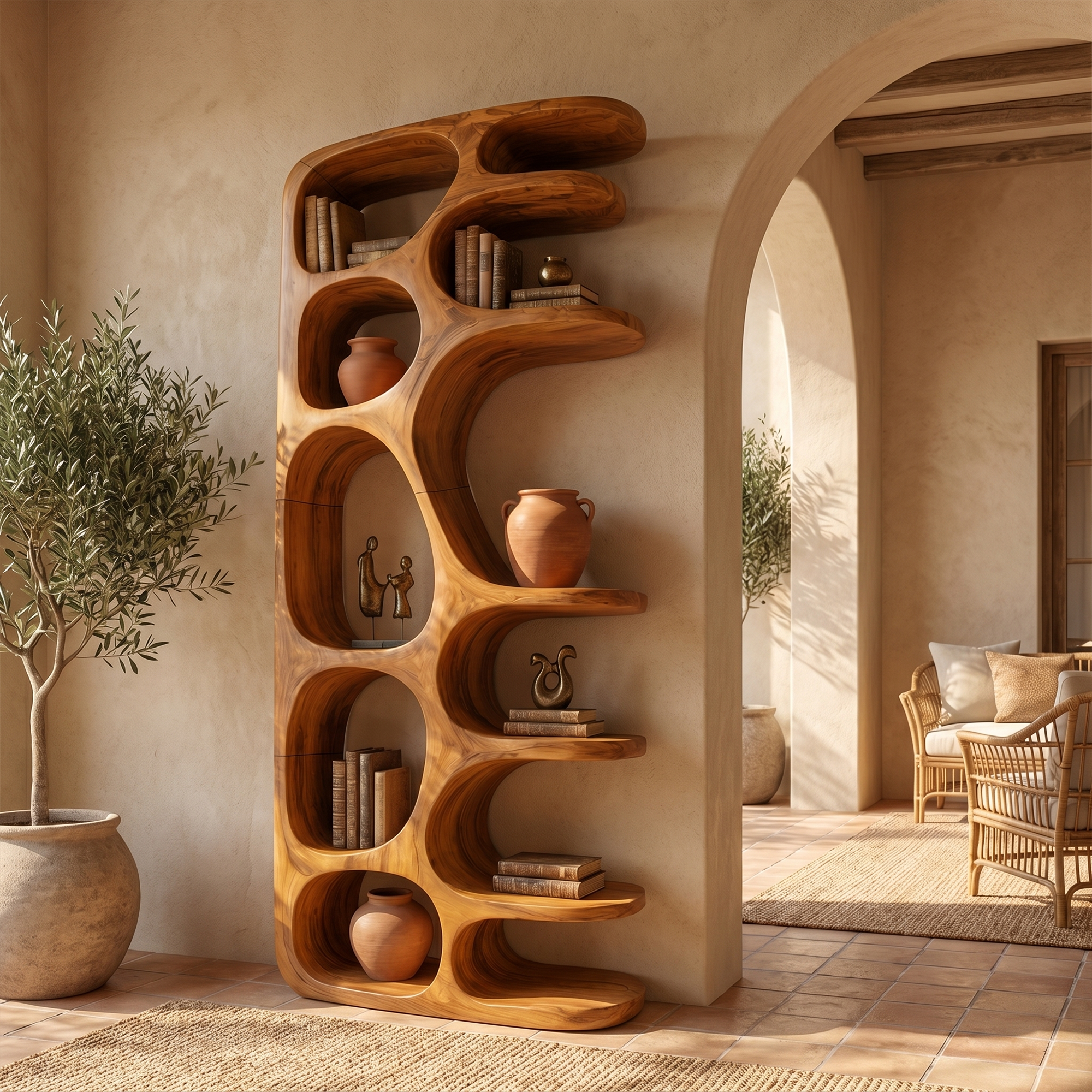 Minimalist Sculptural Bookshelf With Solid Wood Construction For Living Room SINLKIBS037