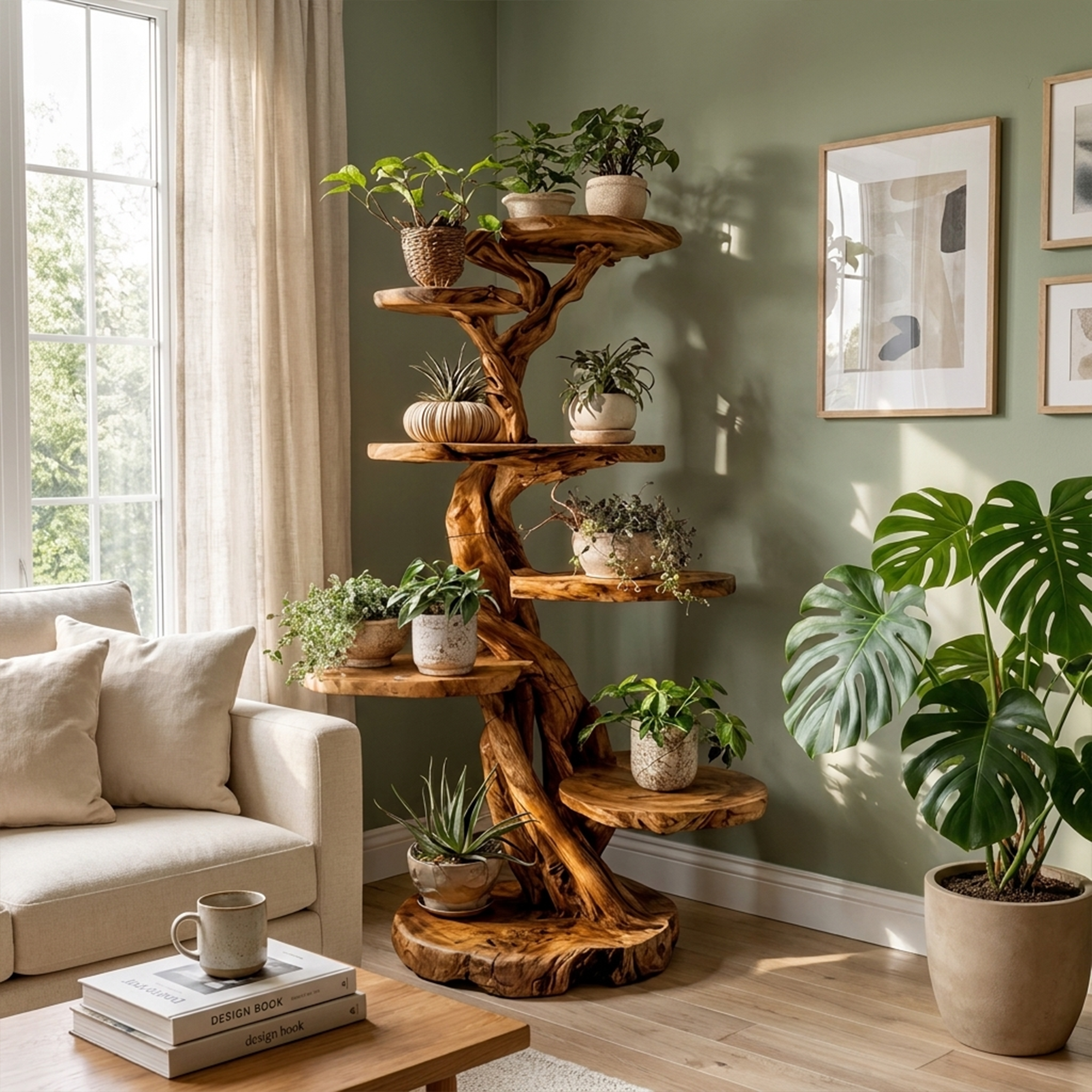 Rustic Tree Plant Shelf Natural Interior Design Home Decor SINLKITT079