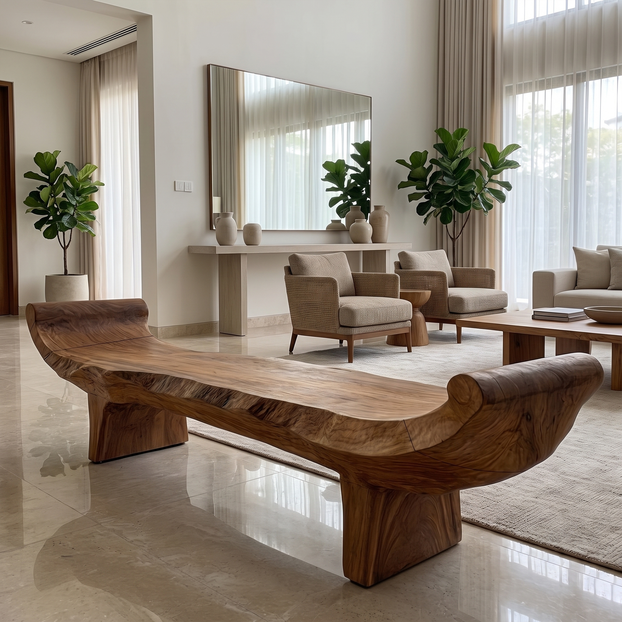 Minimalist Console Table With Sculptural Wood Base For Entryway SINLKIRS130