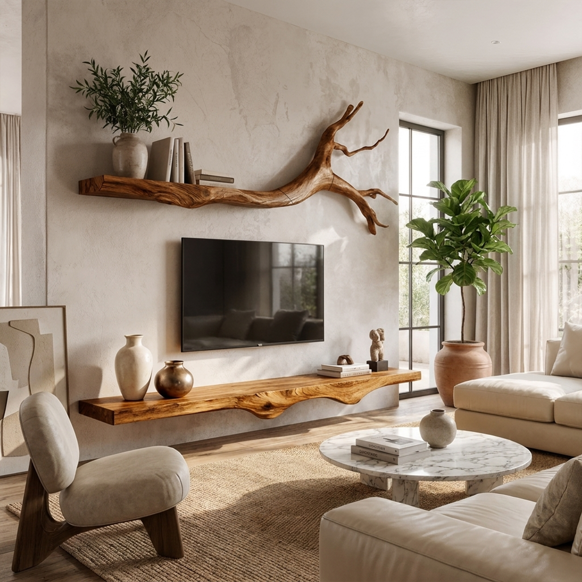 Set 2 Pieces Rustic Floating Wall TV Console Solid Wood Bedroom Living SINLKIFL189