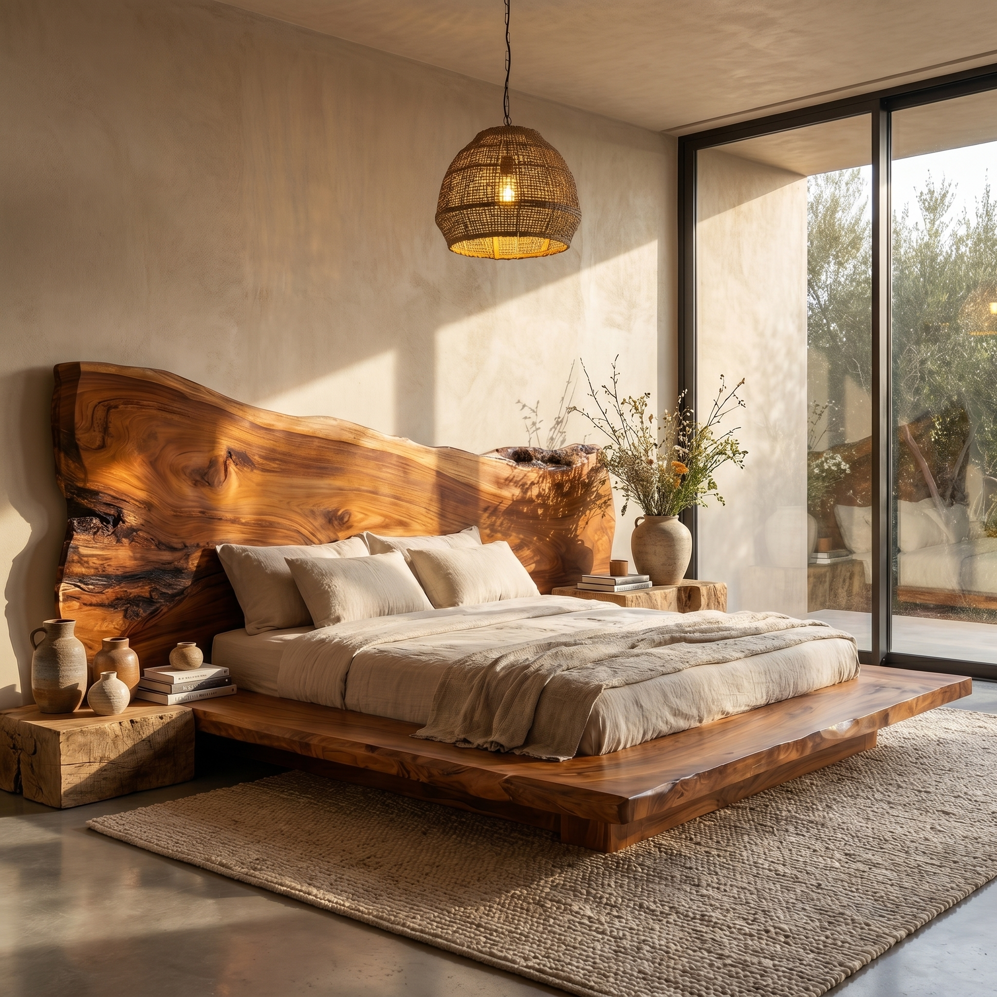 Japandi Bed Frame With Handcrafted Solid Wood Design For Bedroom SINLSAWB133