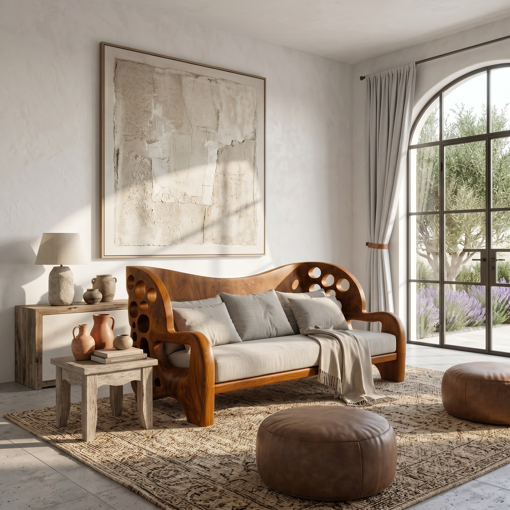 Organic Sofa Frame With Sculptural Openwork Armrests For Living Room SINLSASF037