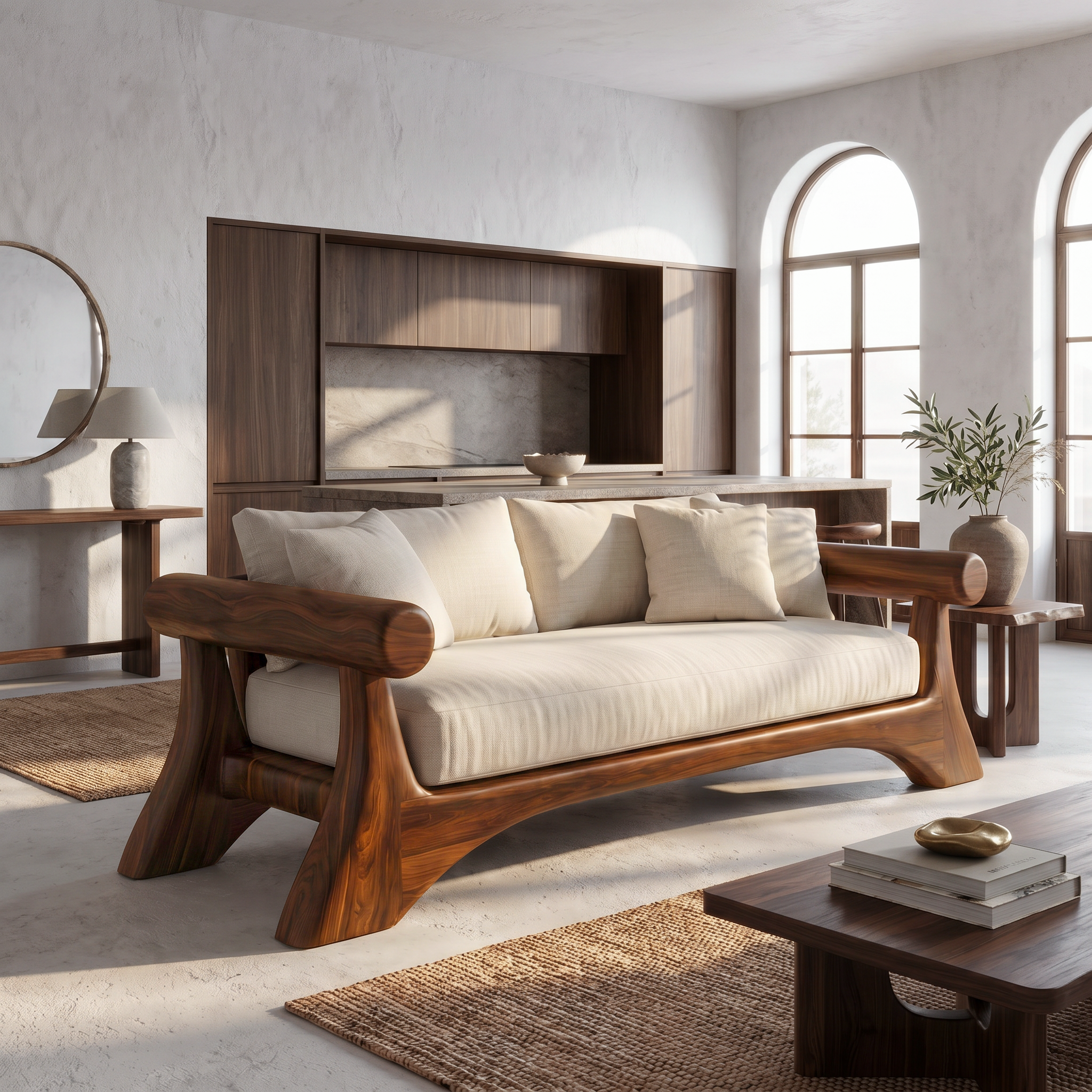 Minimalist Sofa Frame With Curved Solid Wood Arms For Living Room SINLSASF047