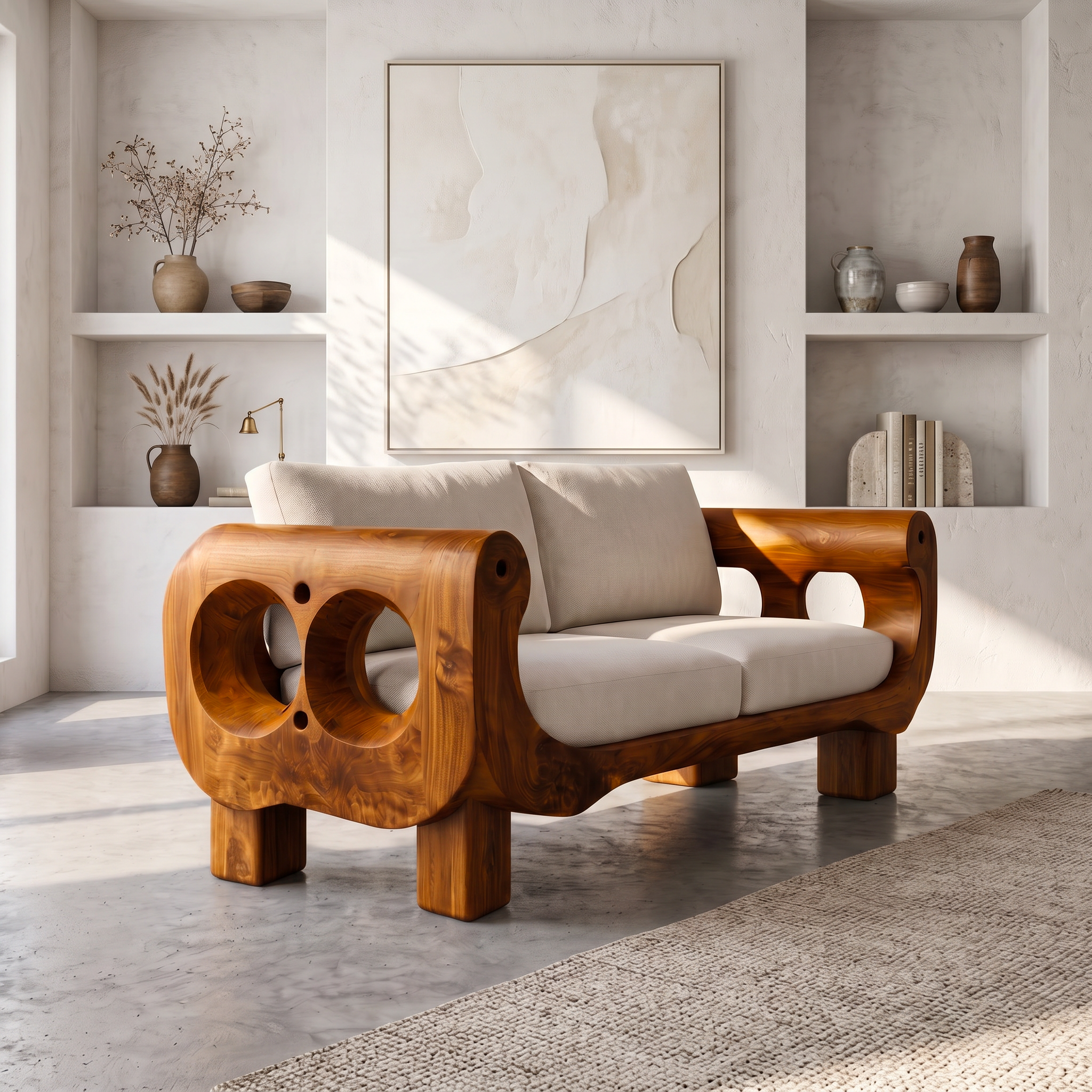 Rustic Sofa Frame With Handcrafted Sculptural Wood Design For Living Room SINLSASF039
