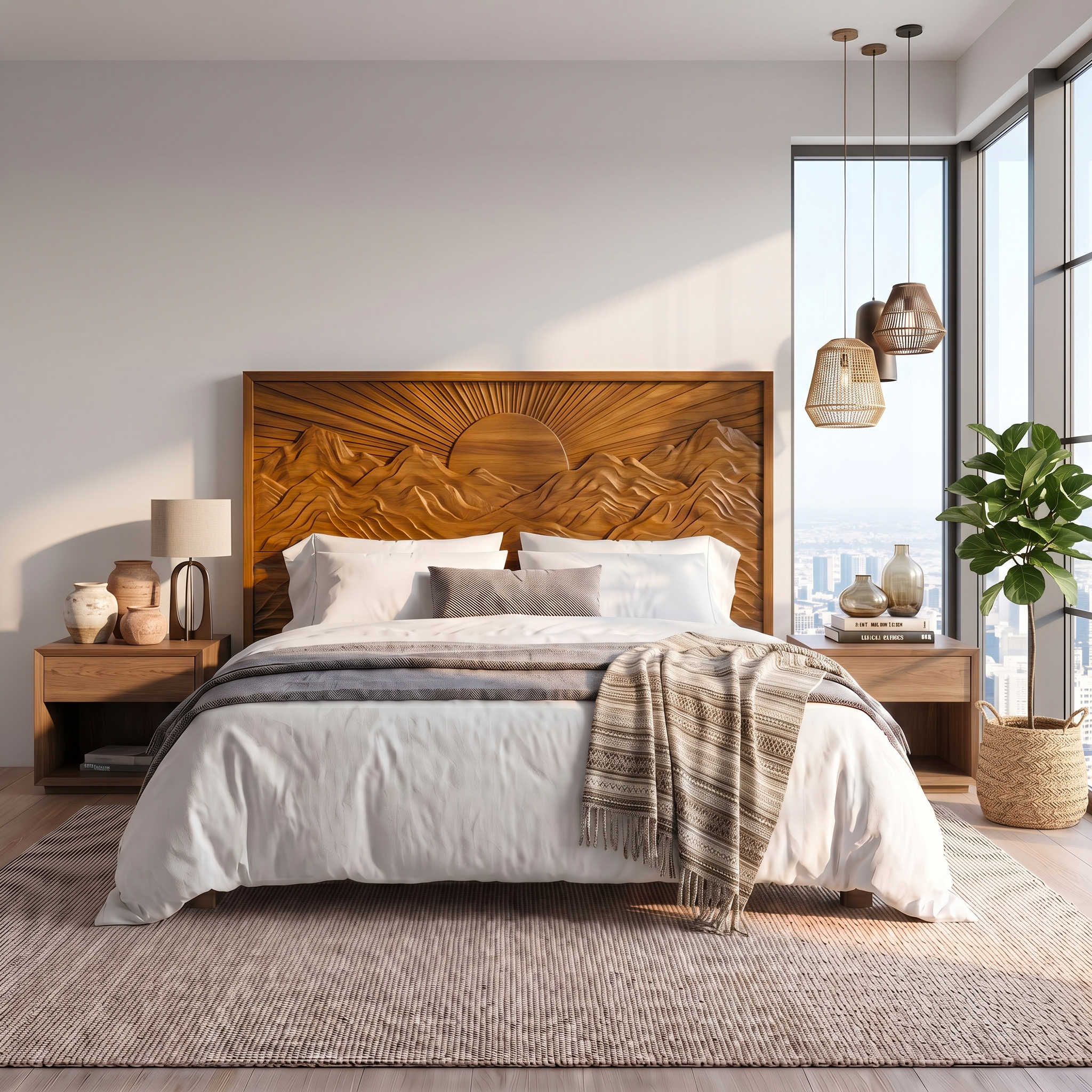 Mid Century Sunrise Headboard Wooden Bed Headboard For Bedroom SINLSAHB054