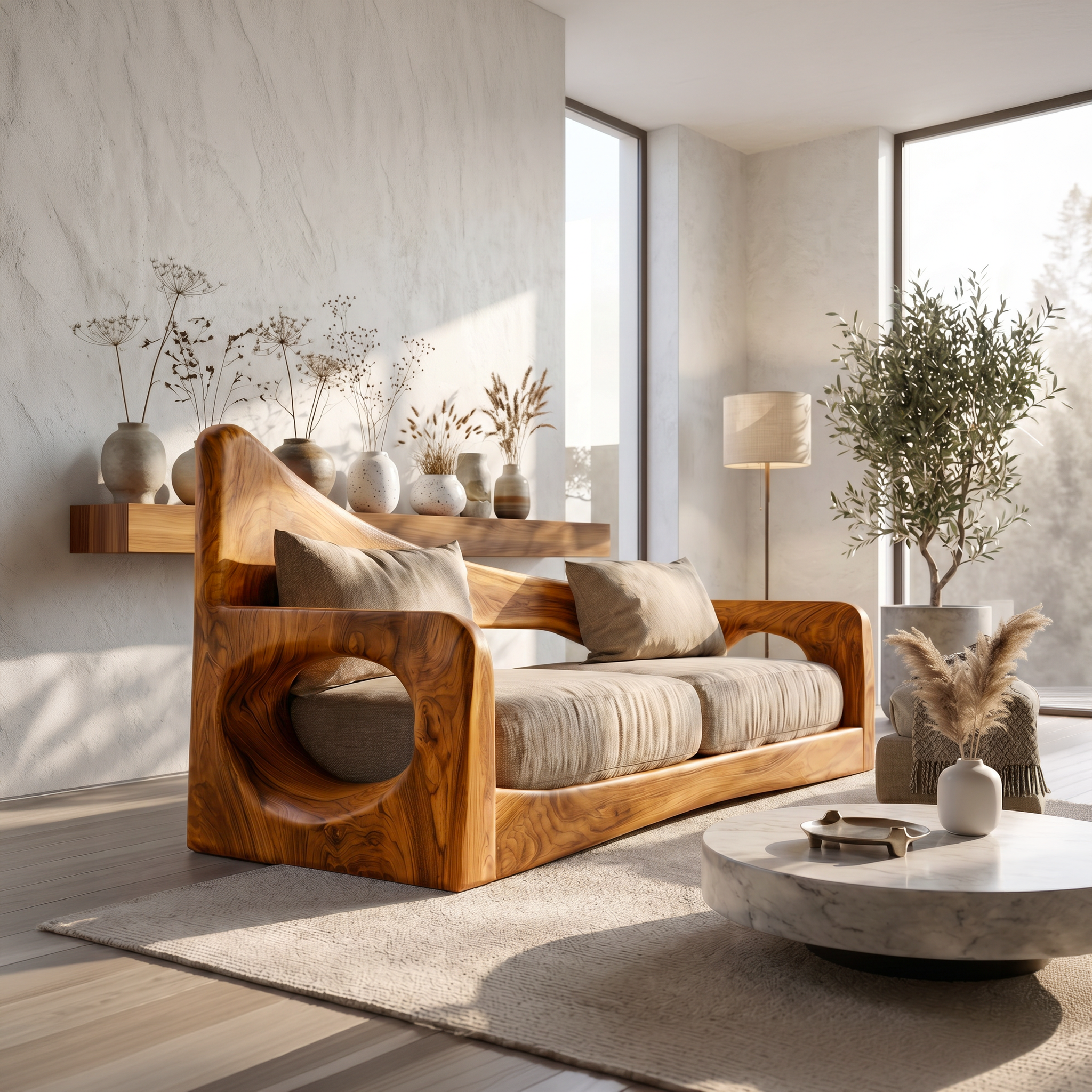 Modern Organic Sofa With Sculptural Perforated Wood Frame SINLSASF042
