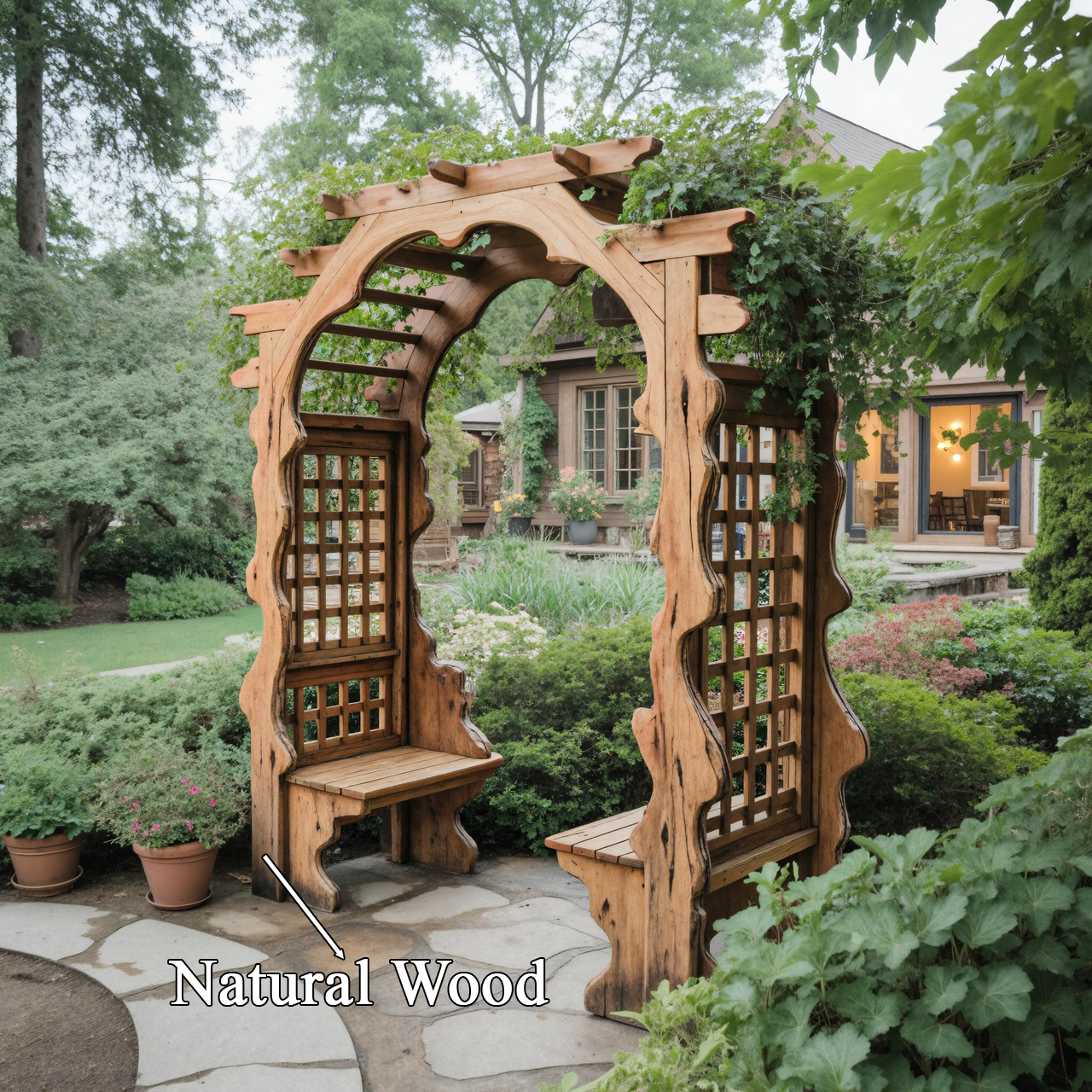 Rustic Wooden Garden Arbor With Built In Bench Seating For Patio Or Backyard SITHTTPER001