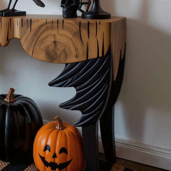 Gothic Wooden Halloween Console Table With Bat Wing Legs And Dripping Edge For Entryway SITHHNHW001