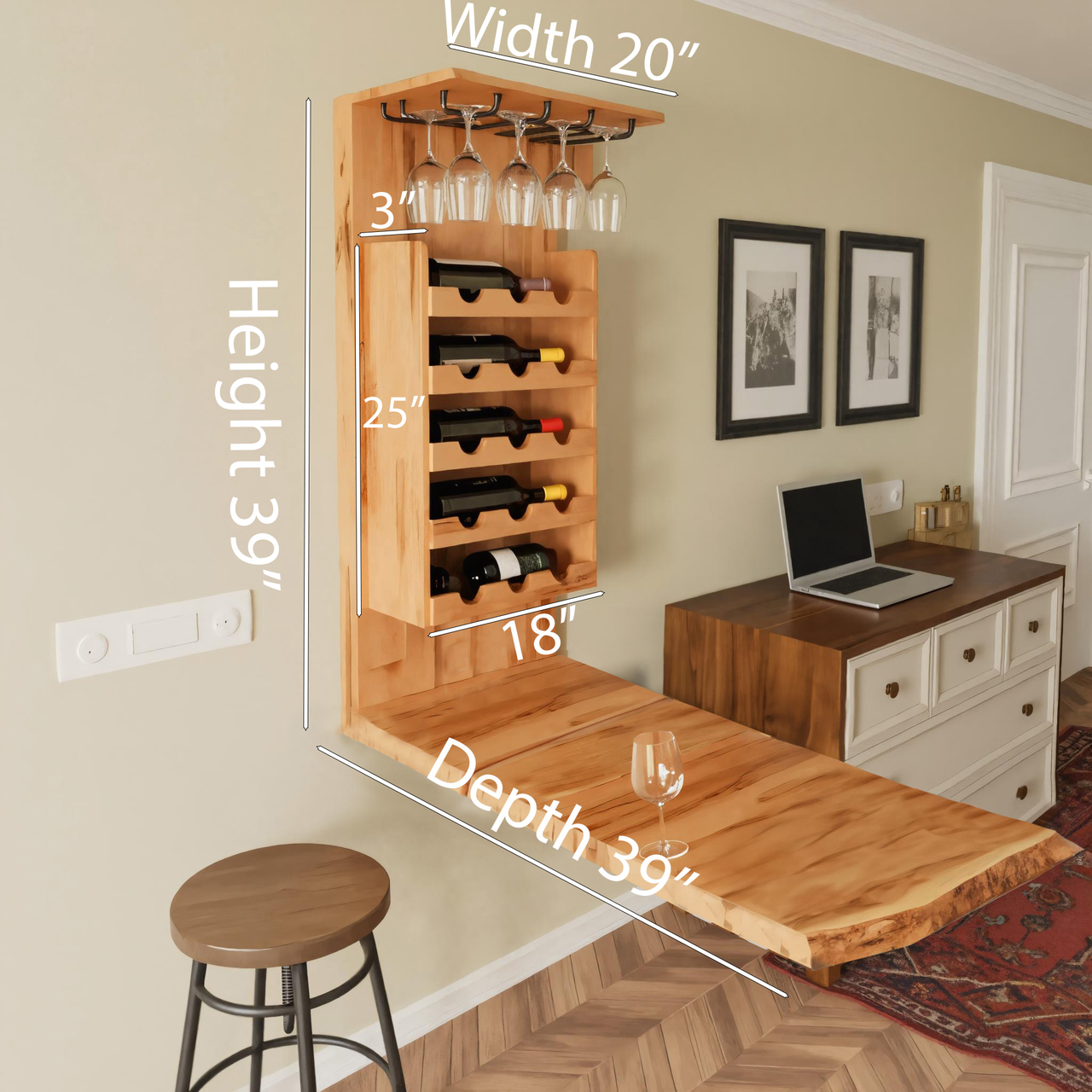 Wall Mounted Wine Rack With Folding Live Edge Table For Kitchen Or Bar SITHHNFL010