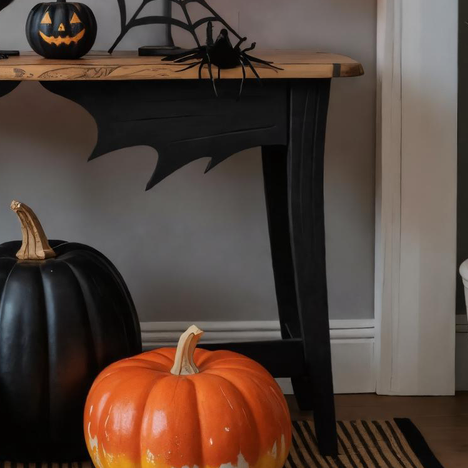 Halloween Wooden Console Table With Bat Wing Carving For Haunted House Decor SITHHNHW003