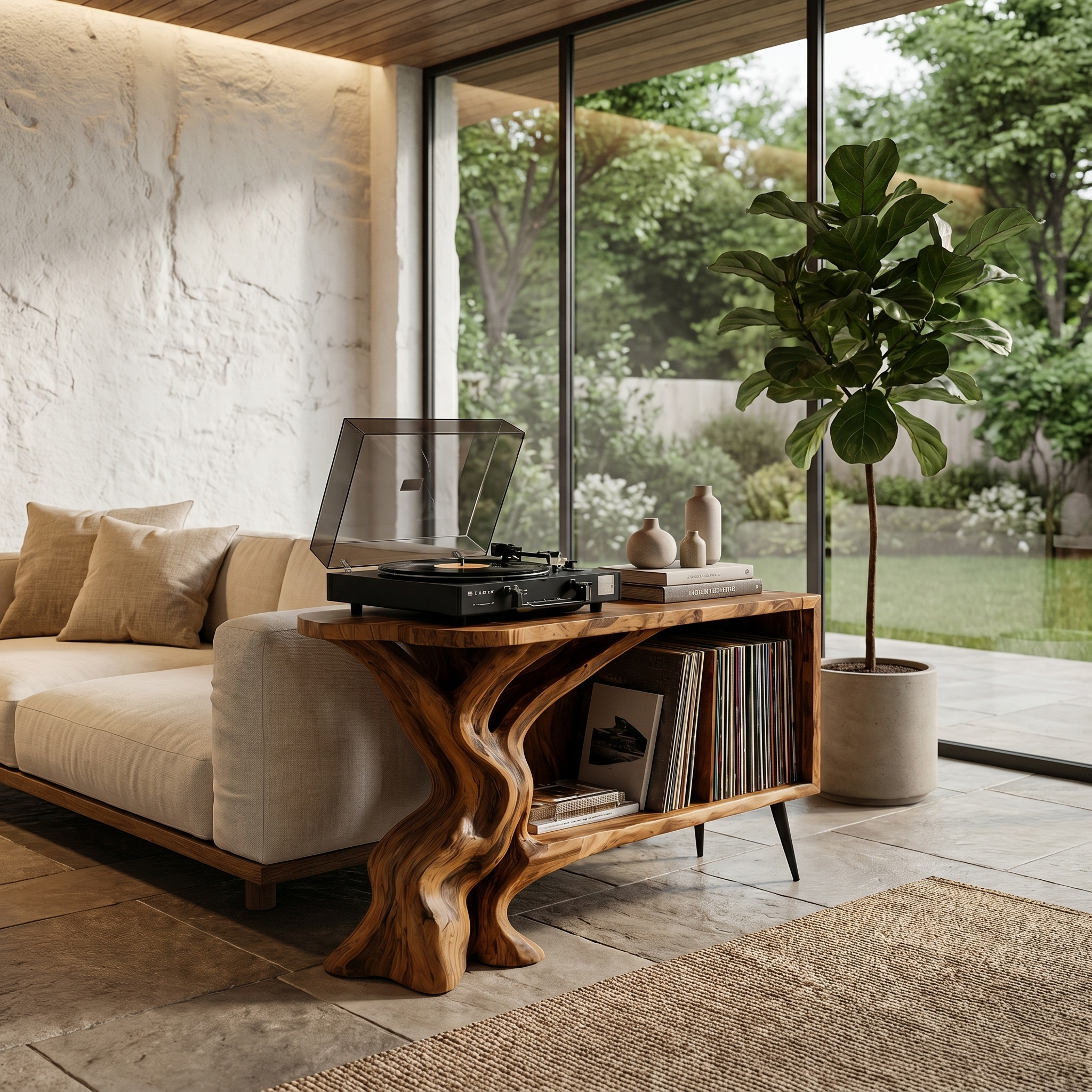 Organic Record Player Stand With Sculptural Tree Root Base And Vinyl Storage For Living Room SINLHARPS009