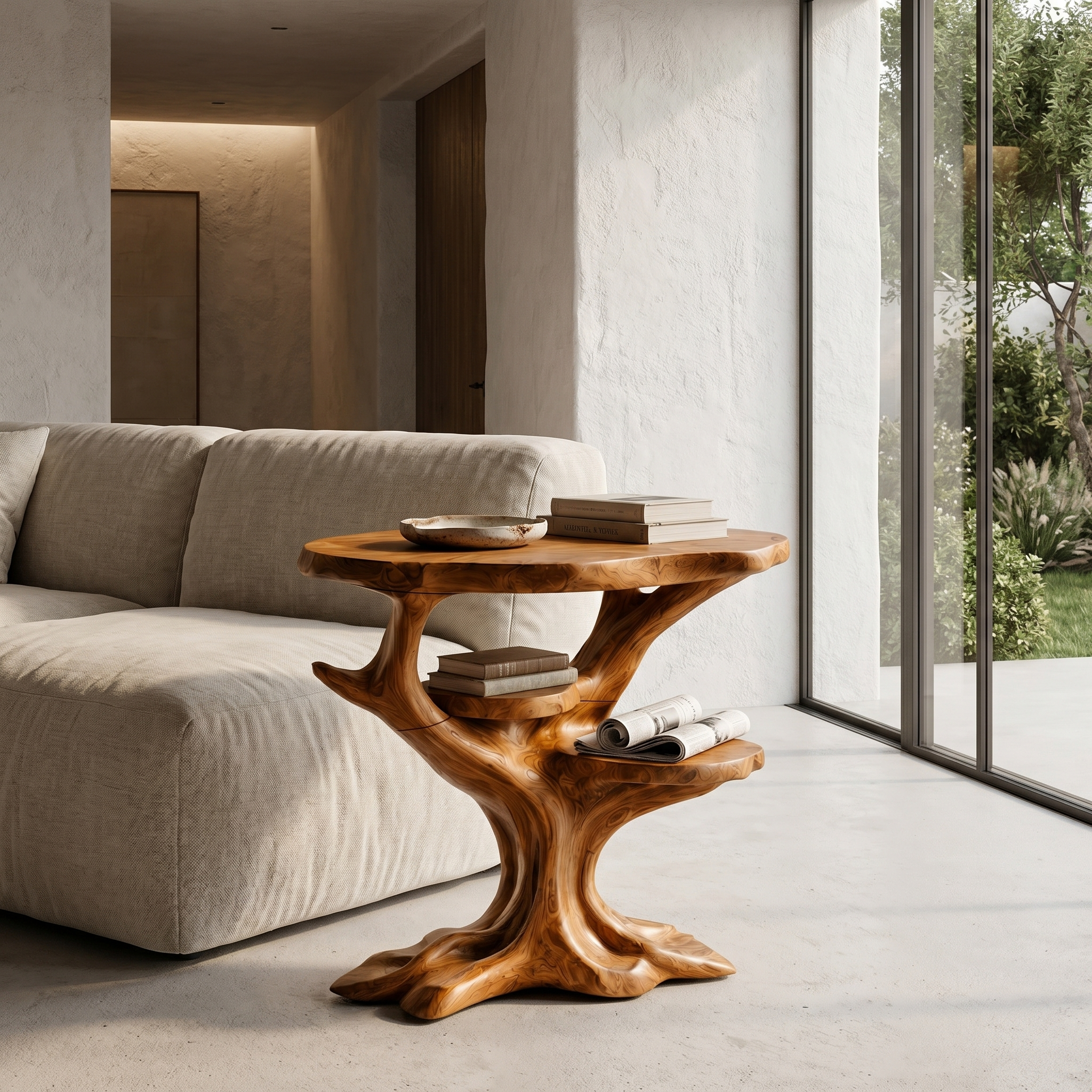 Organic Sculptural Side Table With Solid Wood Display Shelves For Living Room And Bedroom SINLHABT257