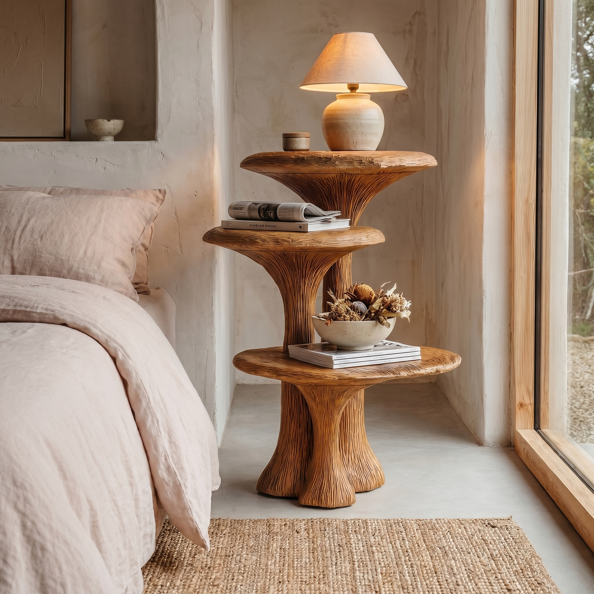 Organic Sculptural Nightstand With Multi Tier Solid Wood Shelves For Bedroom SINLHABT258