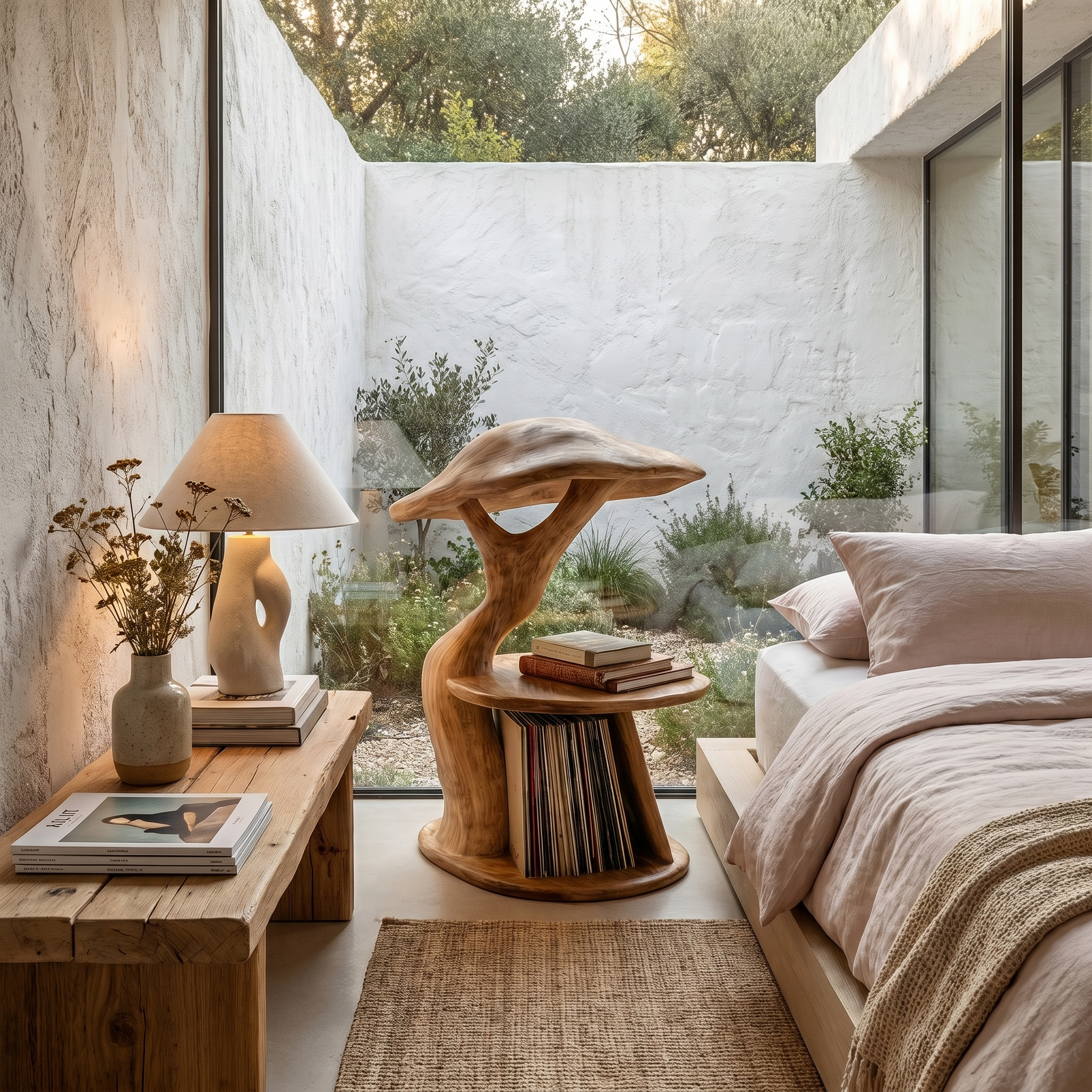 Organic Mushroom Nightstand With Sculptural Solid Wood Design And Vinyl Storage For Bedroom SINLHABT259