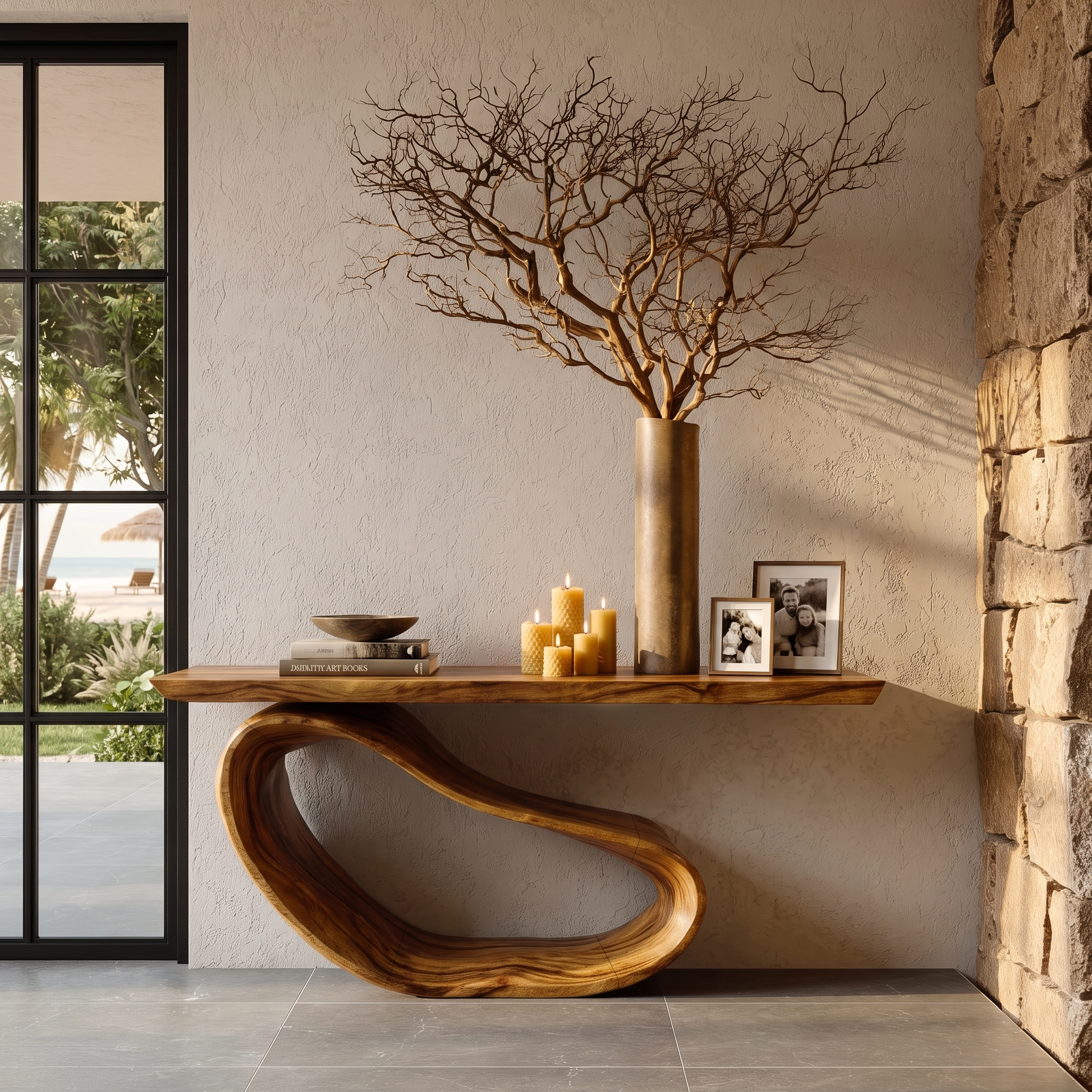 Minimalist Console Table With Sculptural Wood Base For Entryway SINLHACS669