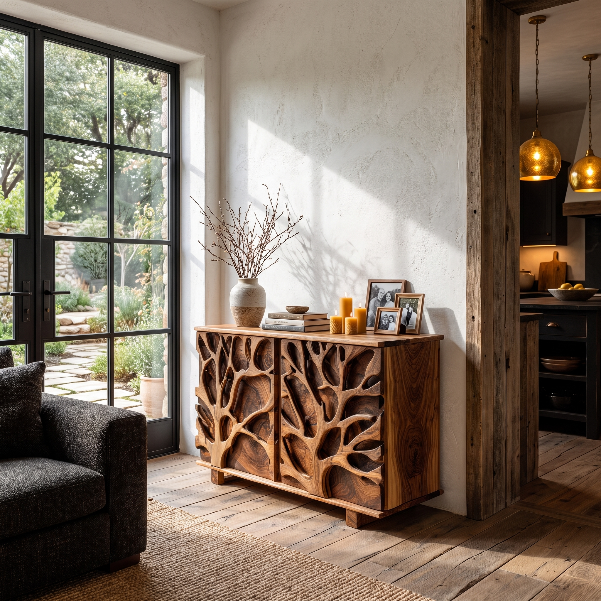 Nature Inspired Storage Cabinet With Hand Carved Wood Design For Entryway SINLHASC538