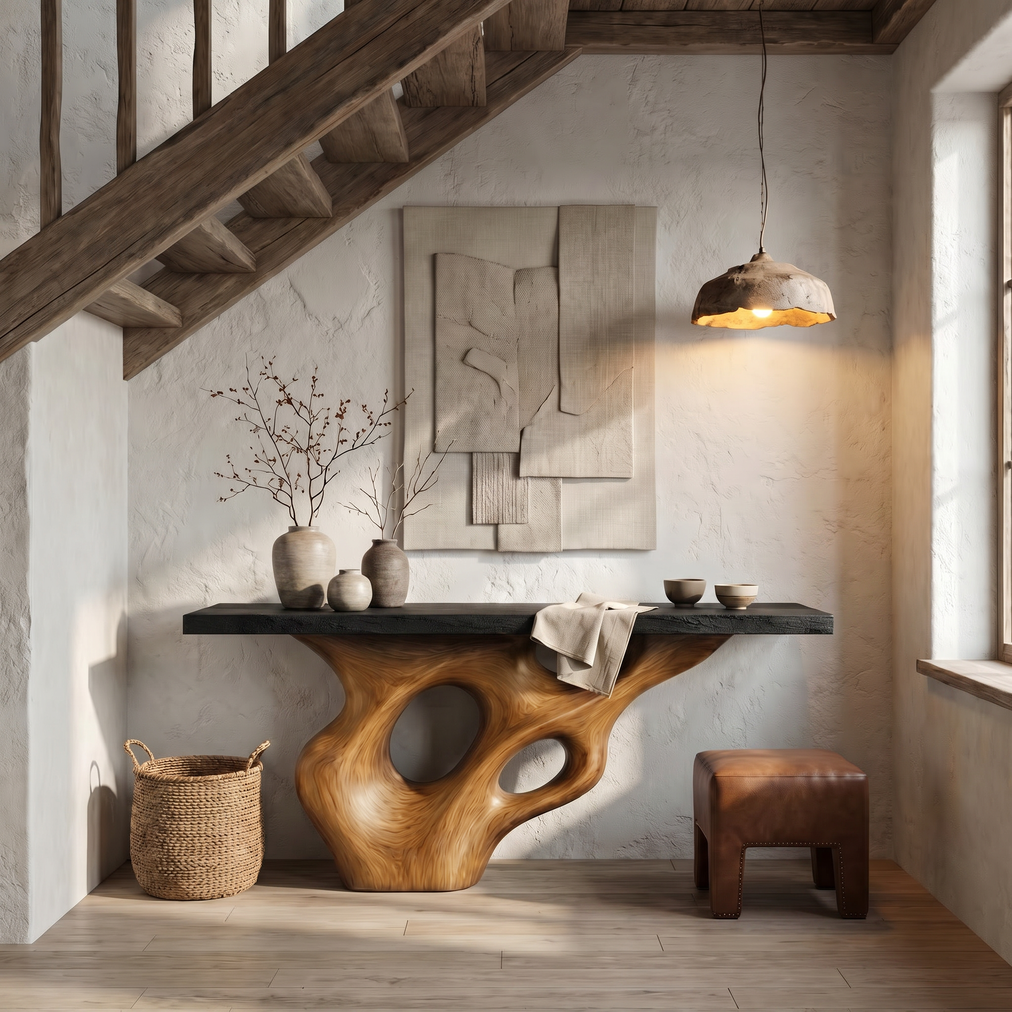 Live Edge Console Table With Sculptural Wood Structure For Entryway SINLHACS580