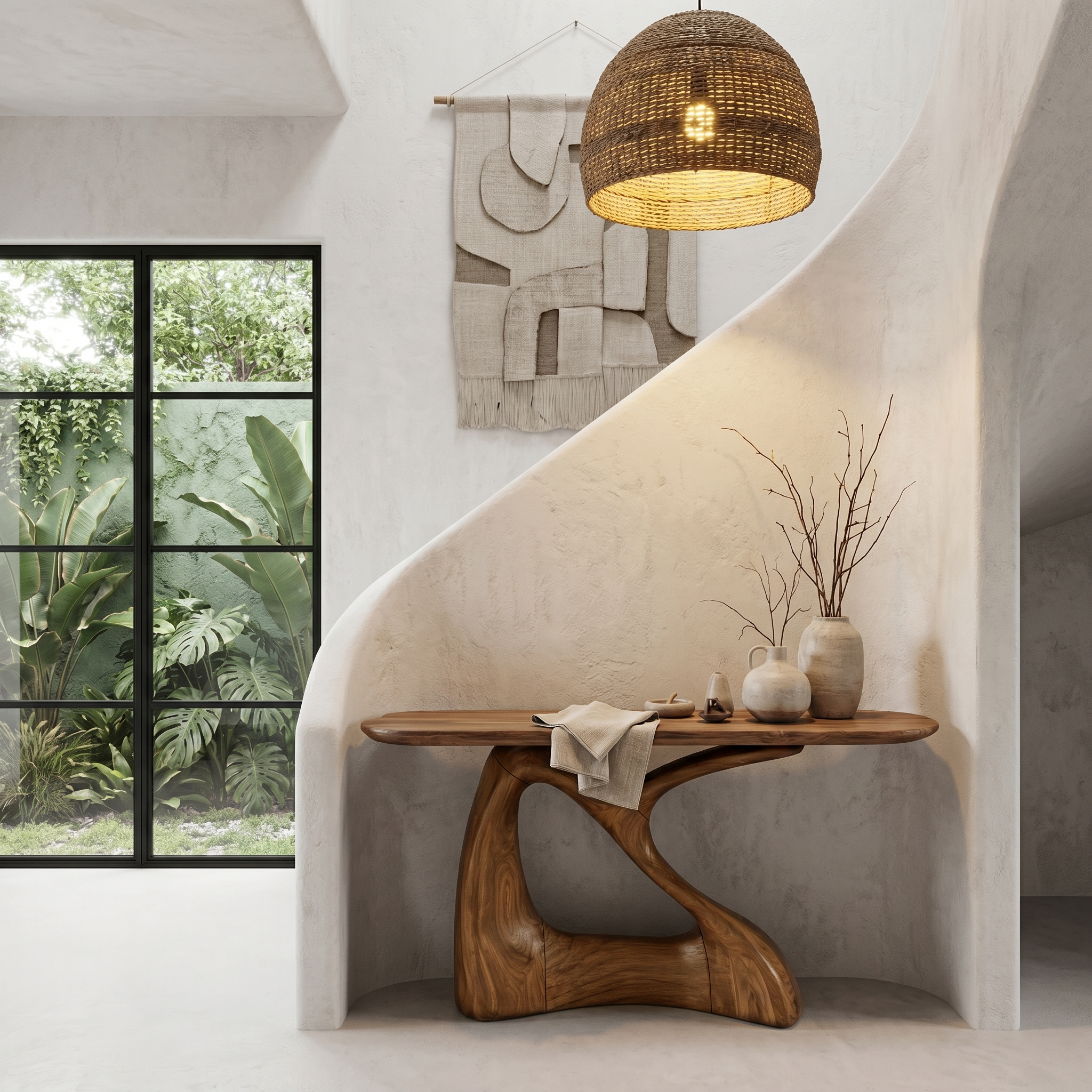 Sculptural Console Table With Twisted Wooden Base For Entryway SINLHACS581