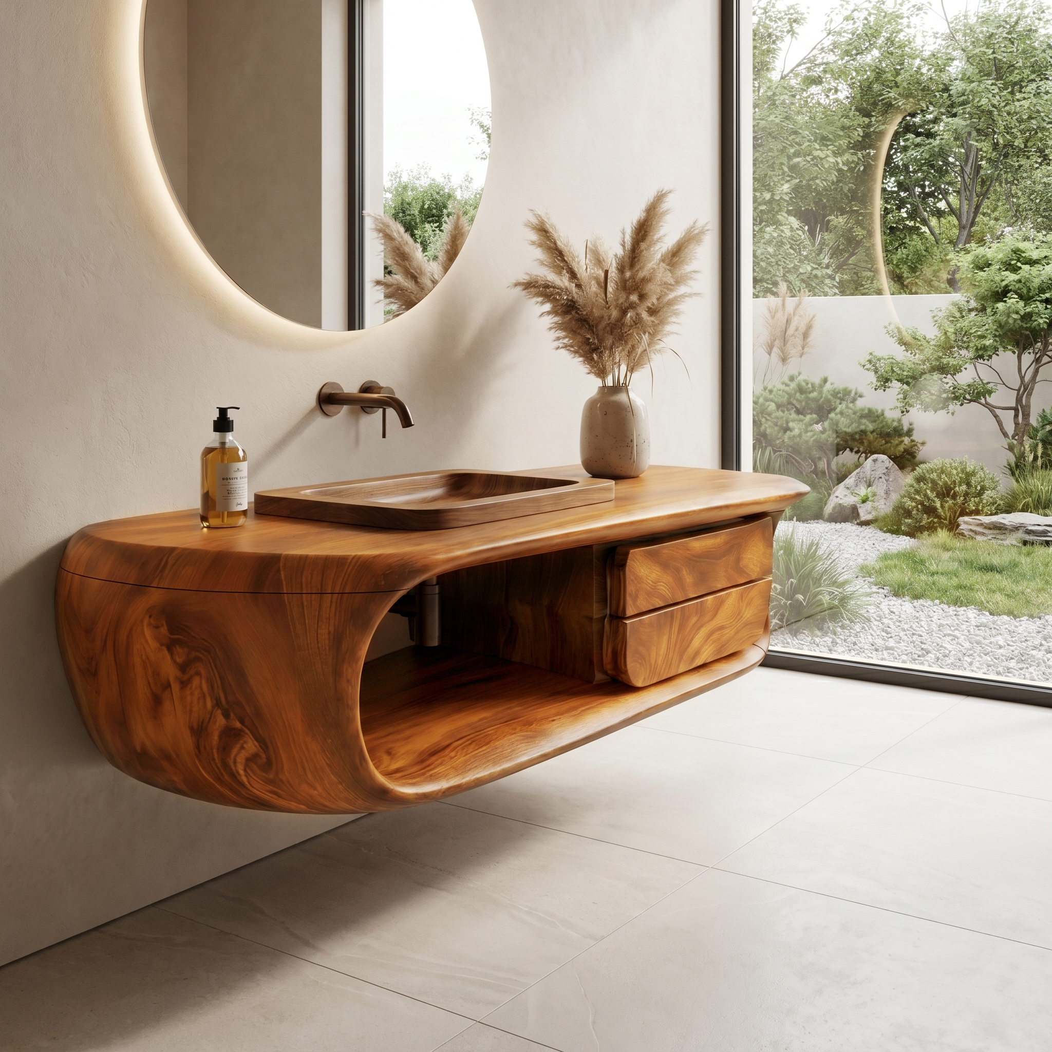 Floating Bathroom Vanity With Curved Wooden Base And Storage Drawer For Modern Bathroom SINLKIBRV304