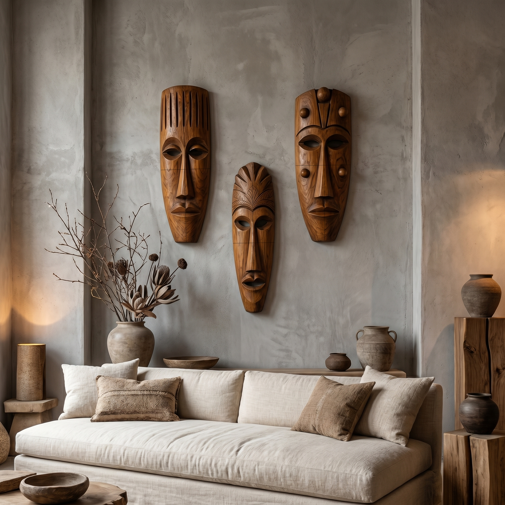 Hand Carved Wooden Wall Art Set With Tribal Mask Design For Living Room And Entryway SINLHAWD101