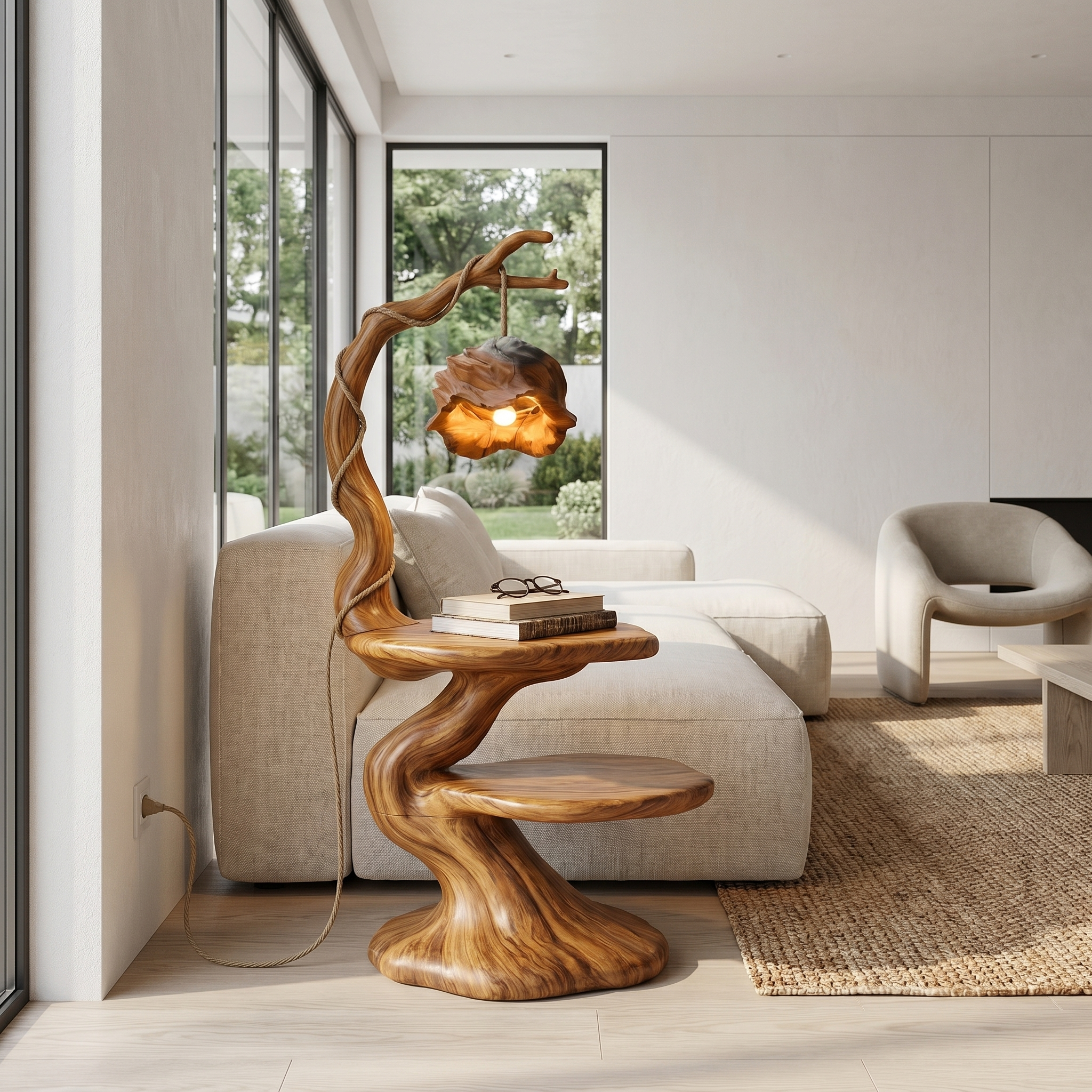 Rustic Beside Table With Tree Root Design And Hanging Lamp For Bedroom SINLHABT264