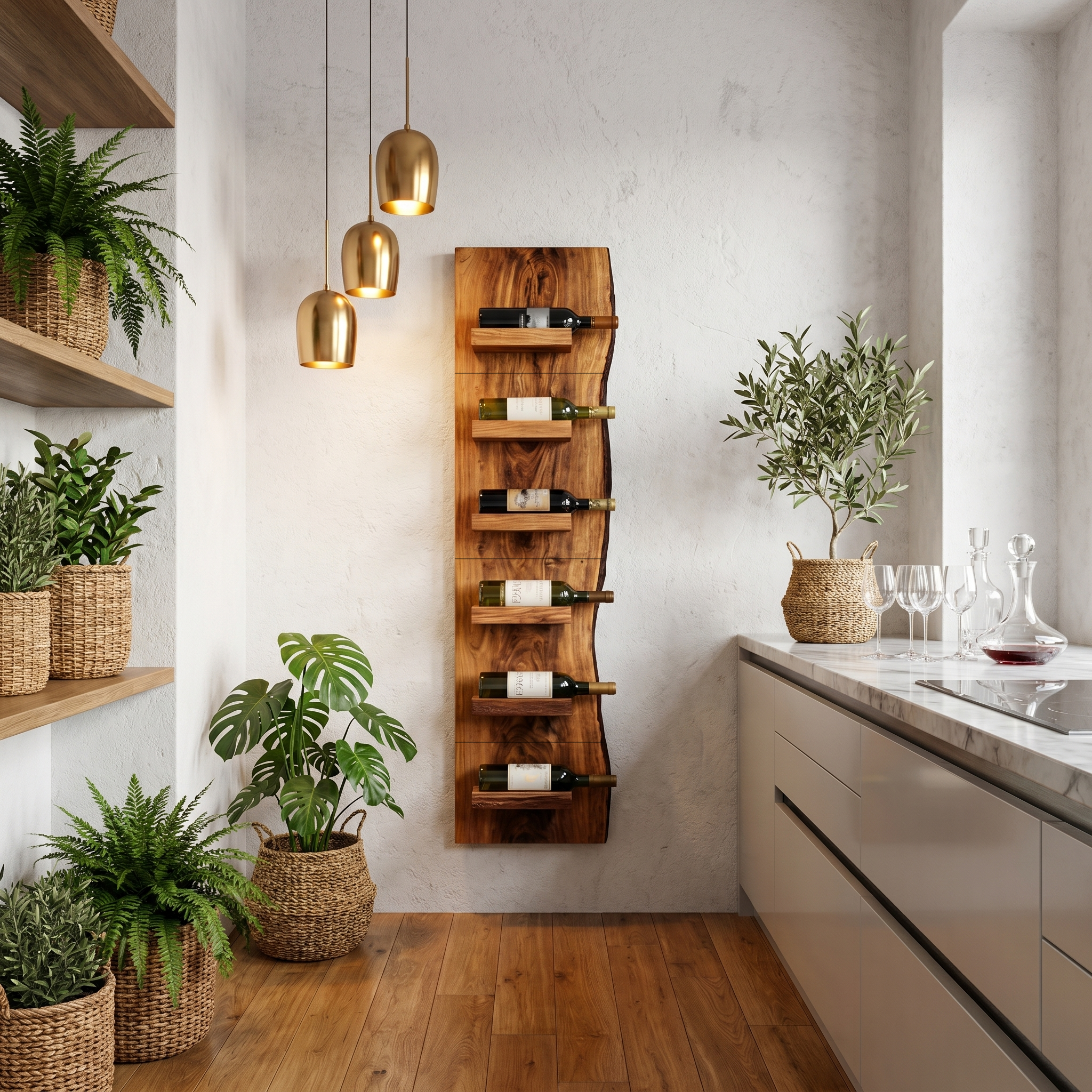 Rustic Wall Mounted Wine Rack With Vertical Wooden Storage Shelves For Kitchen And Dining Room SINLHAWR027