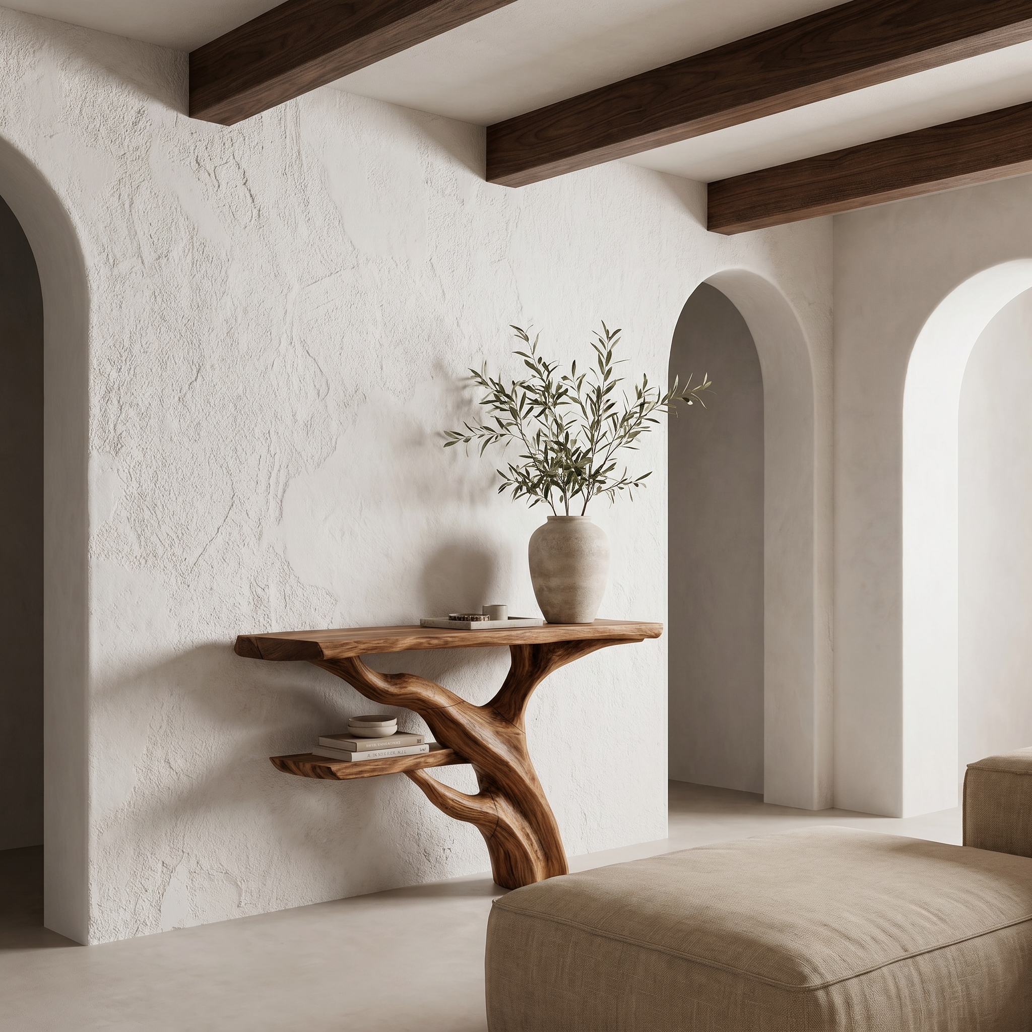 Sculptural Console Table With Abstract Branch Inspired Base And Solid Wood Top For Entryway SINLHACS588