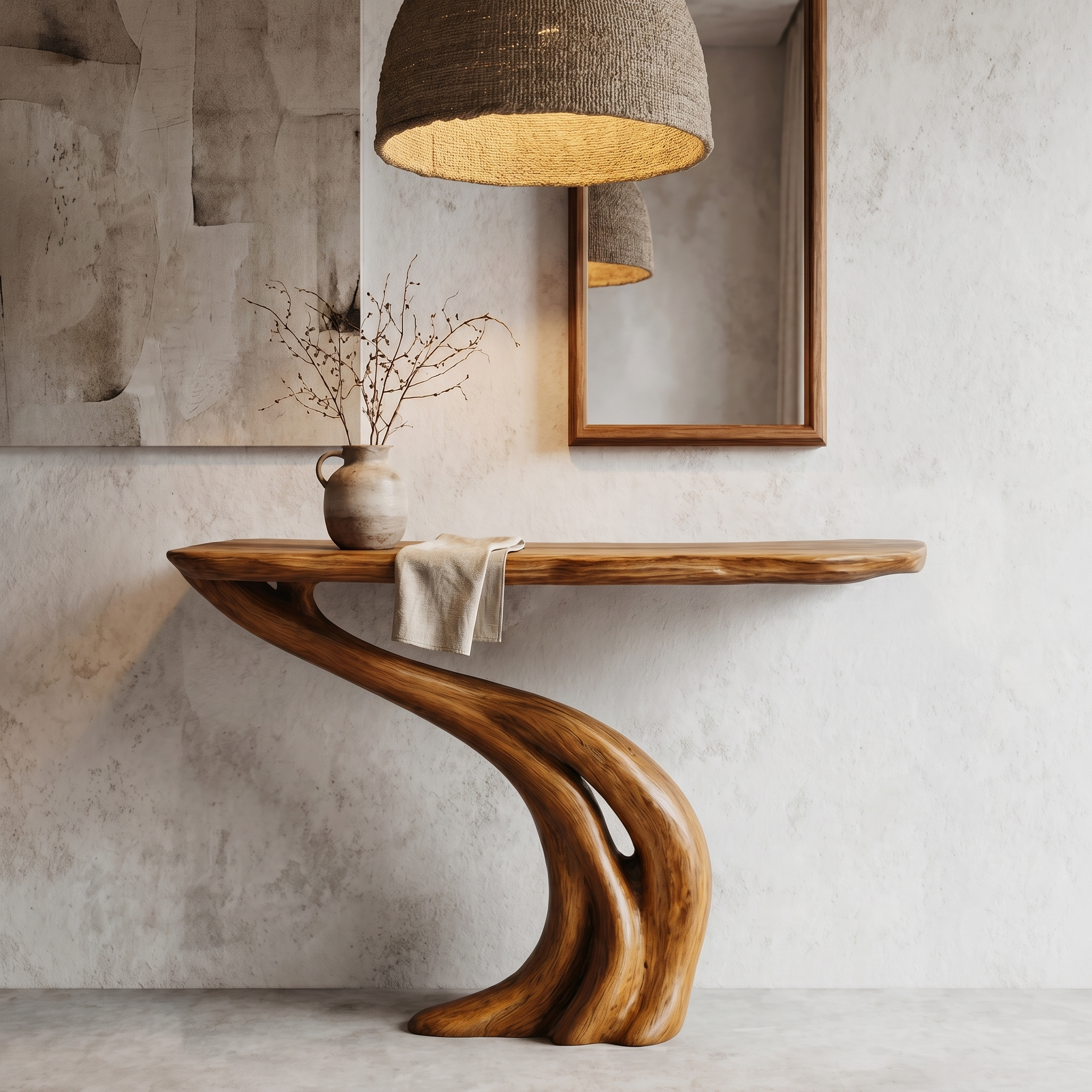 Organic Curved Console Table With Soft Flowing Wood Base For Entryway And Living Room SINLHACS589