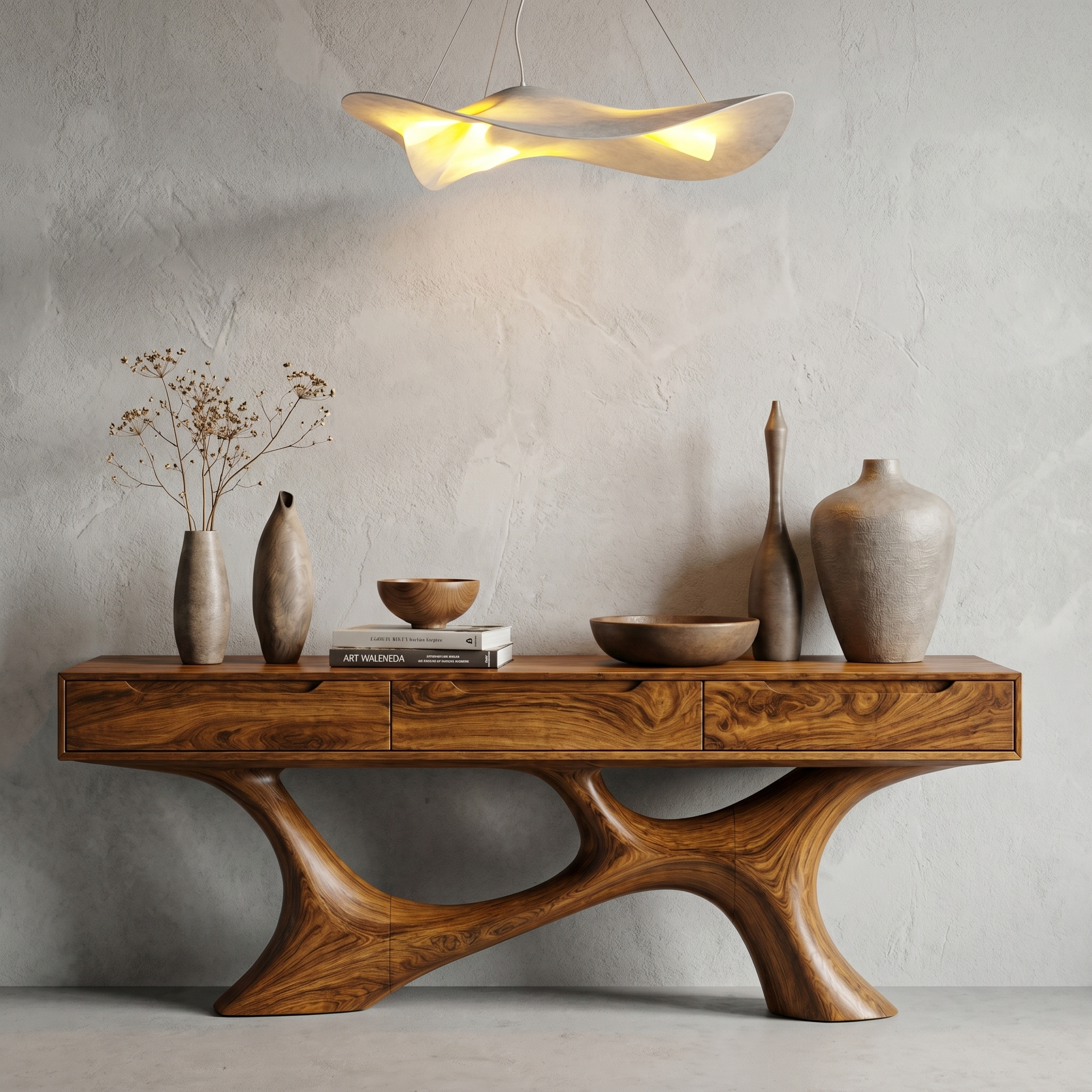 Modern Console Table With Built In Storage Cabinet And Sculptural Curved Wood Base For Entryway And Living Room SINLHACS591