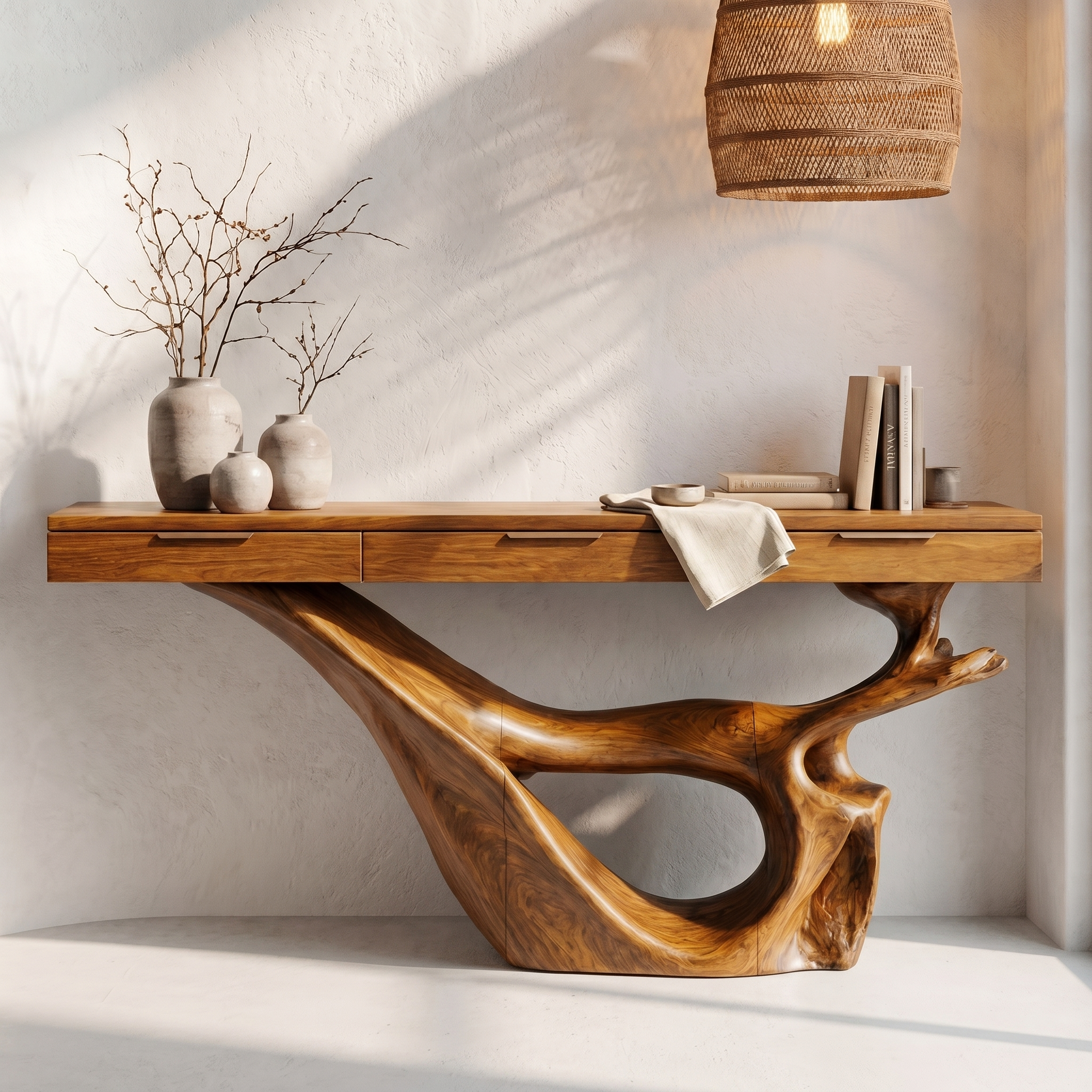 Minimal Console Table With Sculptural Curved Loop Wood Base And Solid Wood Top For Entryway And Living Room SINLHACS592