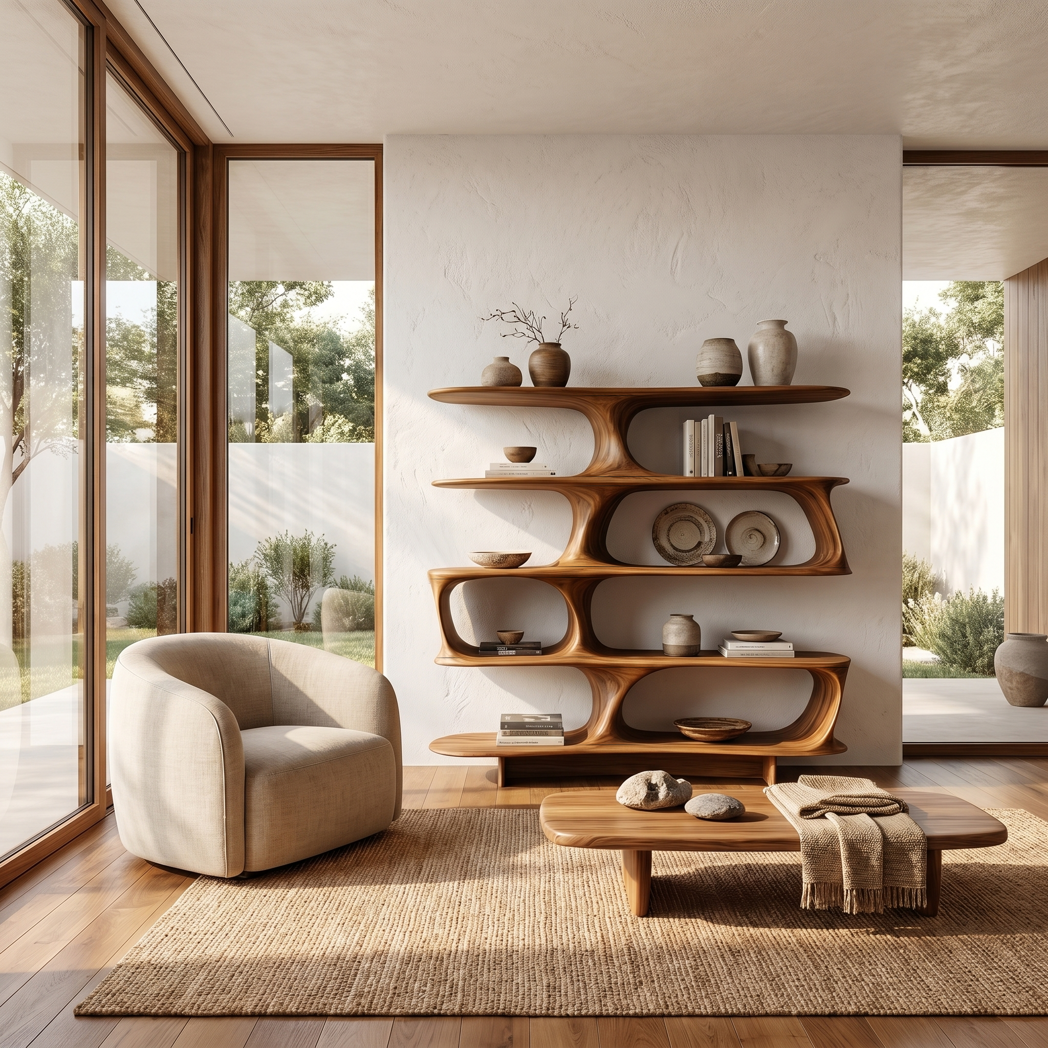 Organic Tree Bookshelf With Sculptural Curved Shelves And Open Display Storage For Living Room SINLHABS039