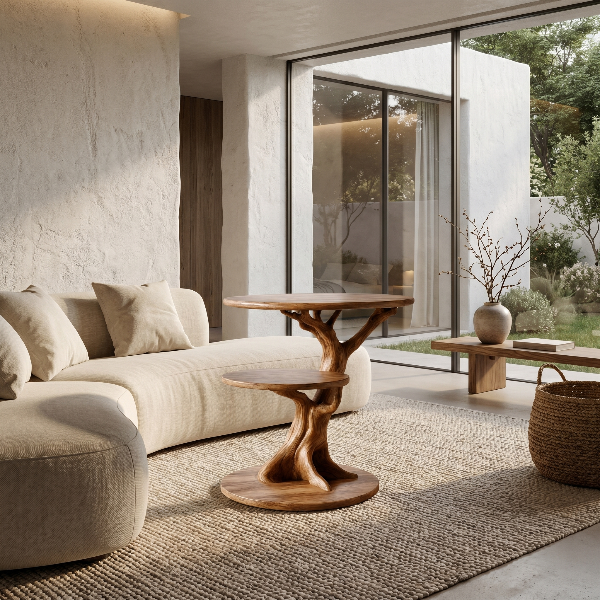 Organic Sculptural Side Table With Twisted Solid Wood Pedestal Base For Living Room SINLHABT252