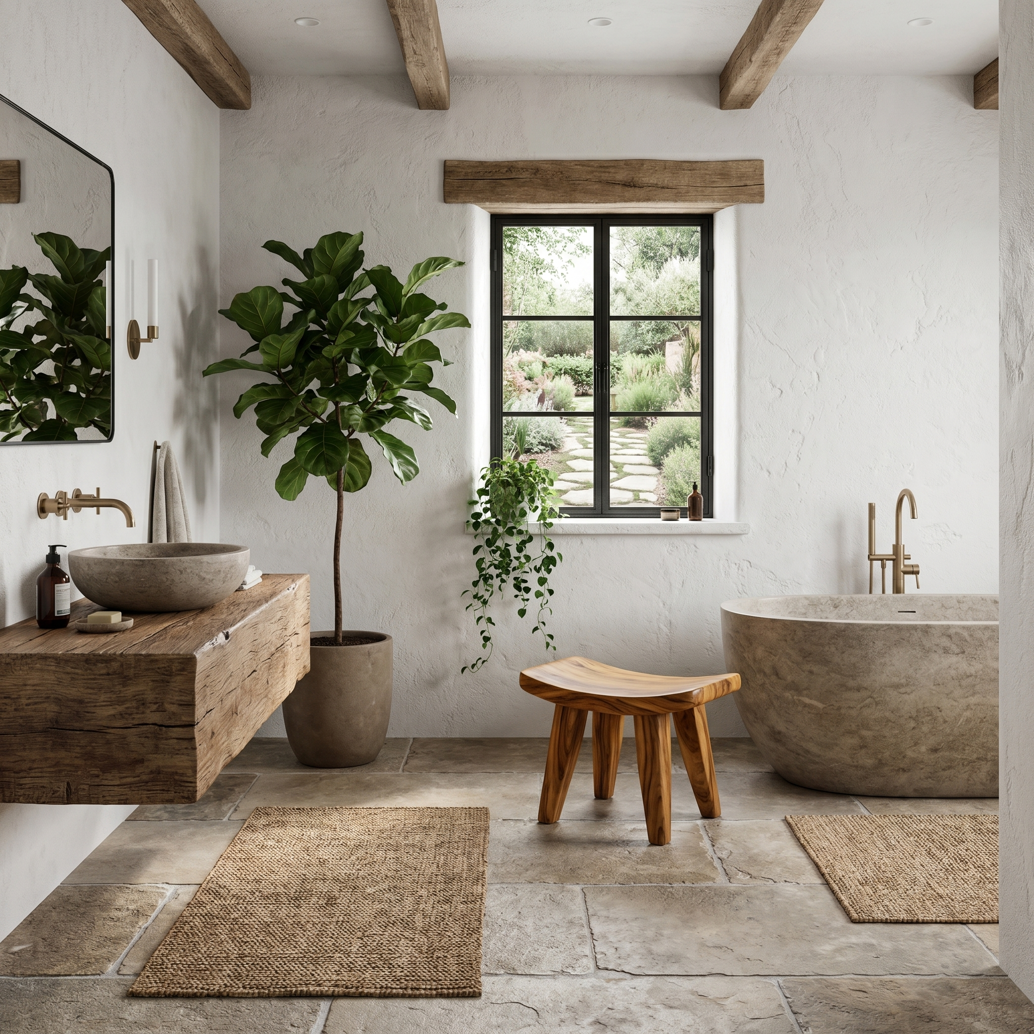Rustic Wooden Stool With Artistic Solid Wood Form For Bathroom SINLHAWS008