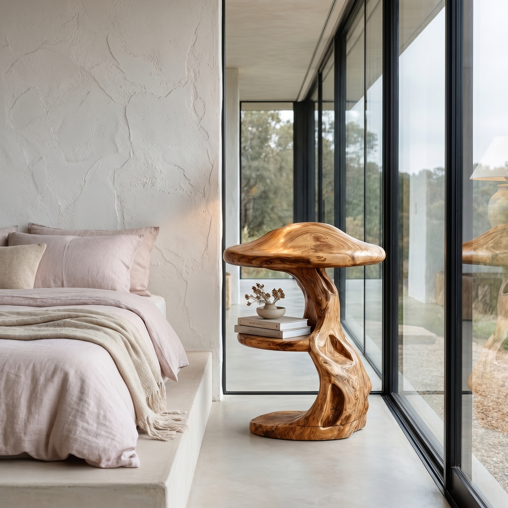 Rustic Mushroom Nightstand With Sculptural Tree Root Base And Built In Drawer For Bedroom SINLHABT260