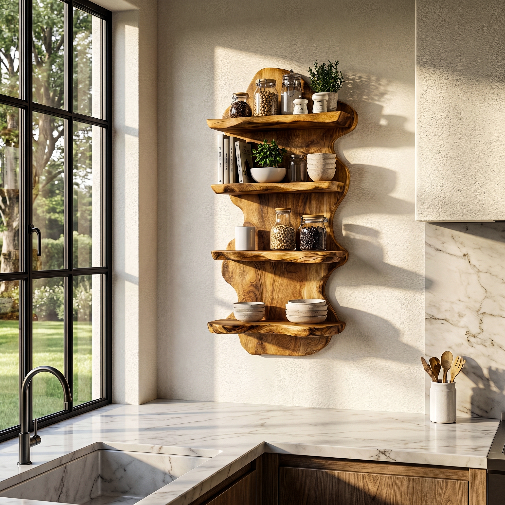 Sculptural Floating Shelf With Organic Wooden Form For Living Room And Kitchen SINLHAFL553