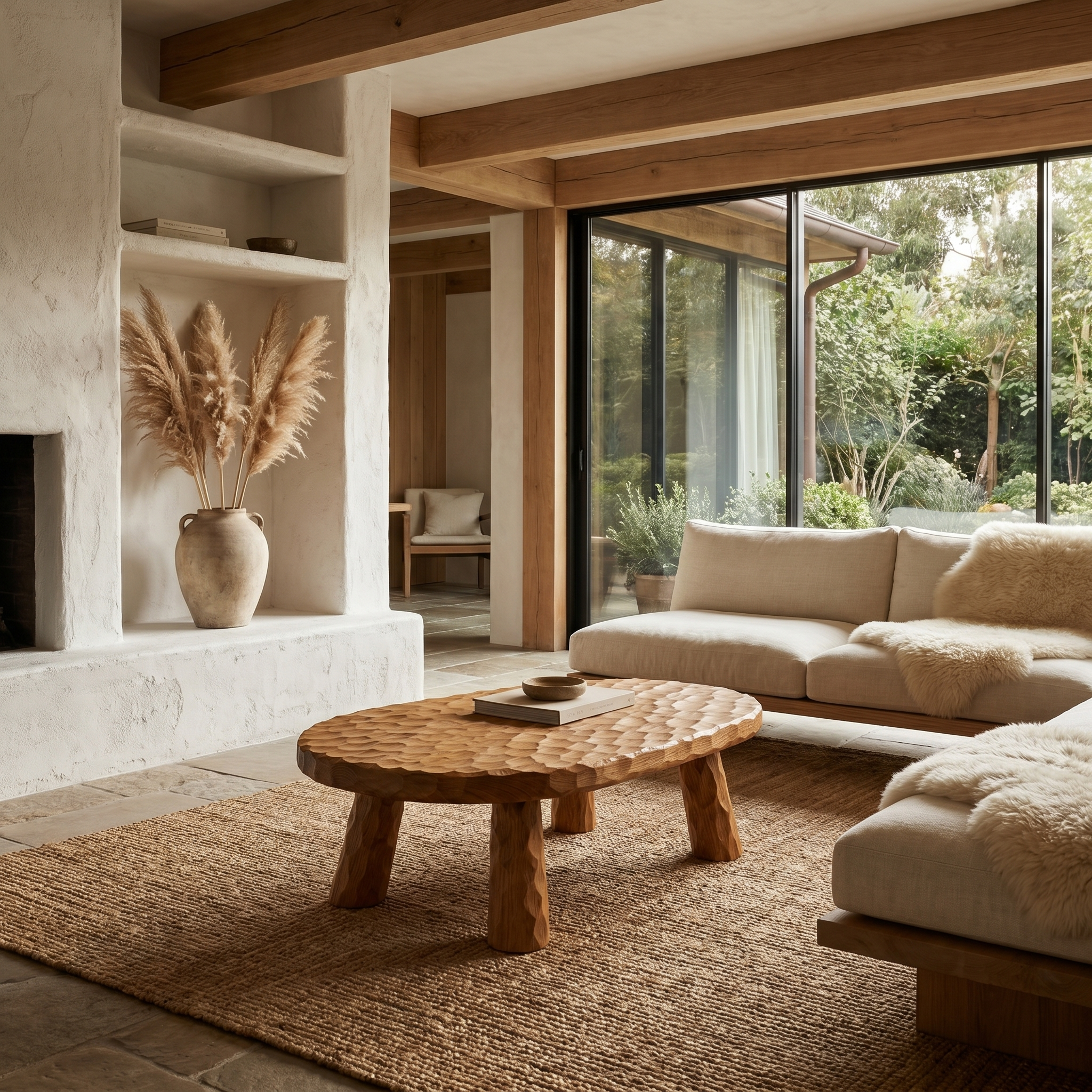 Rustic Coffee Table With Handcrafted Solid Wood Top And Chunky Pedestal Legs For Living Room SINLHACF382