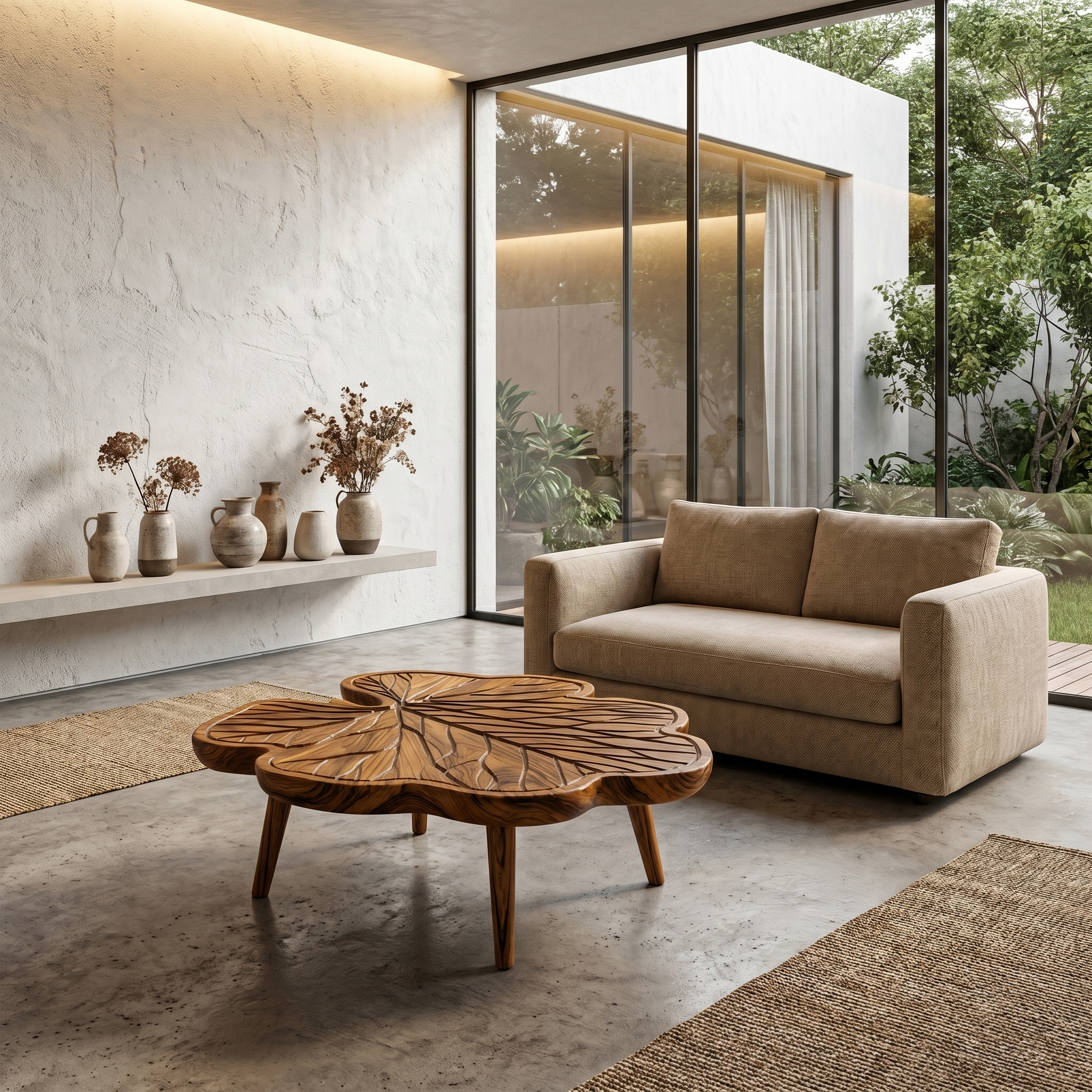 Rustic Leaf Coffee Table With Hand Carved Solid Wood Design For Living Room SINLHACF383