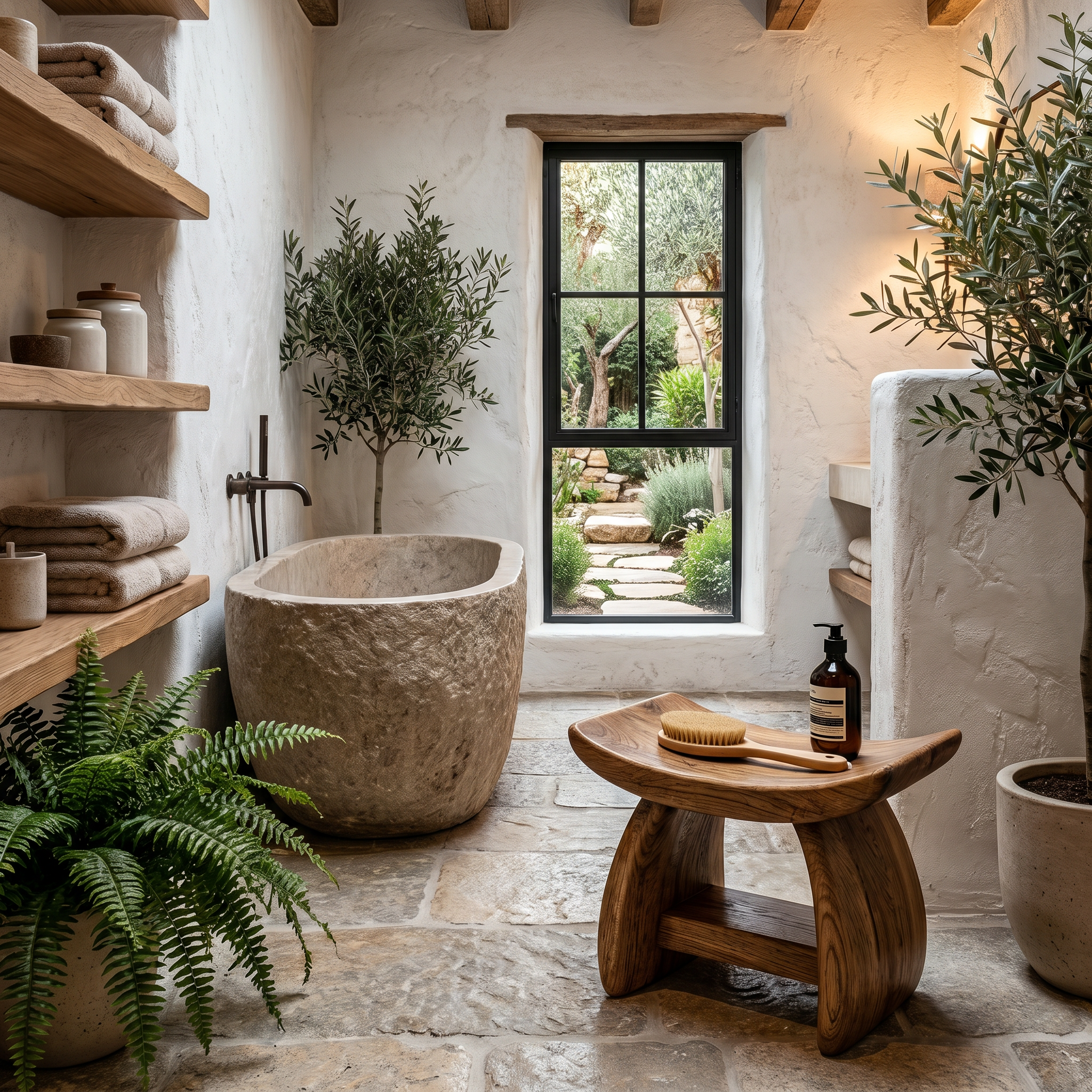 Nature Inspired Bathroom Stool With Sculptural Wood Design For Bathroom SINLHAWS014