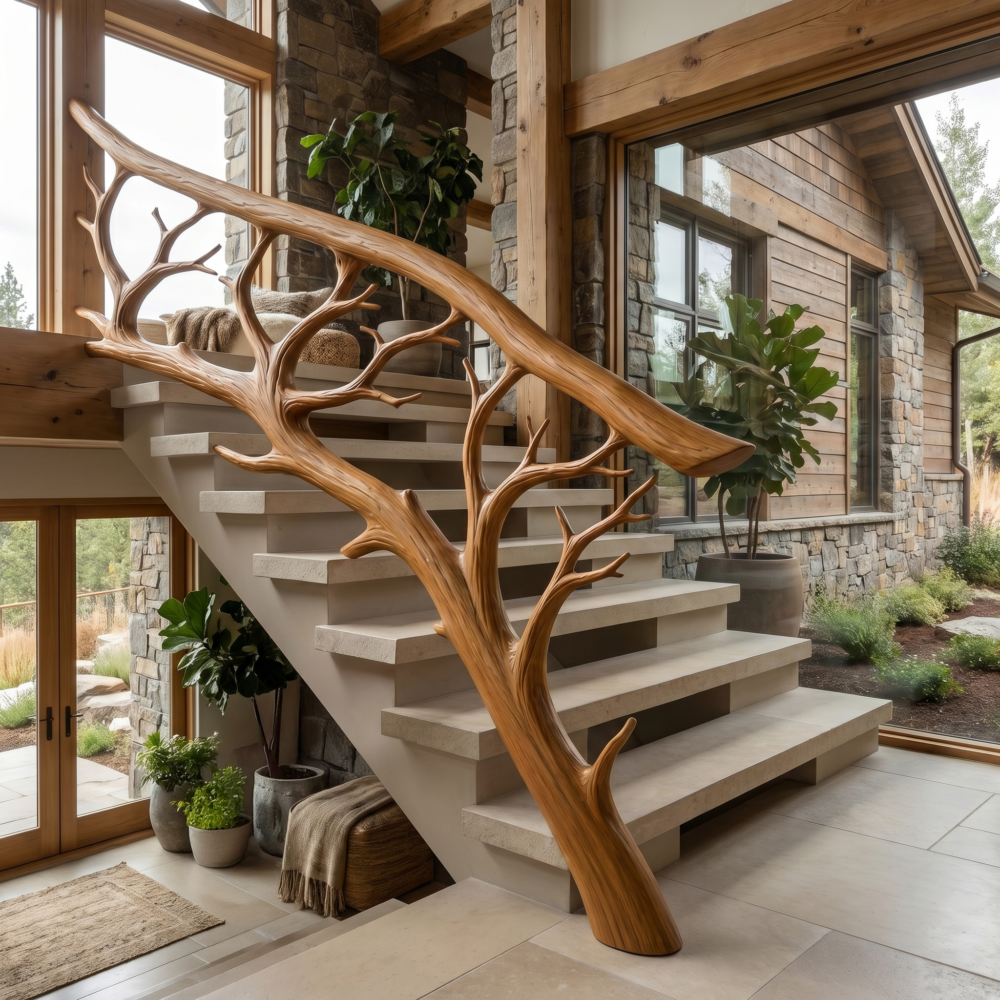 Rustic Tree Branch Stair Railing With Organic Wood Design For Interior Staircase SINLHAST013