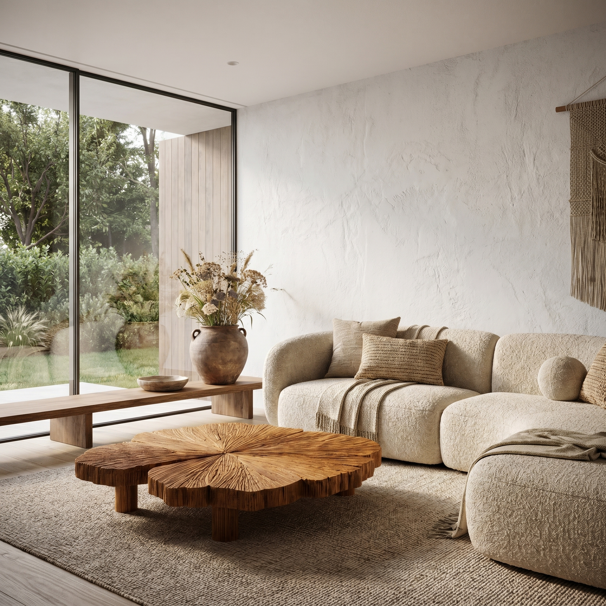 Rustic Coffee Table With Hand Carved Organic Wood Top And Chunky Pedestal Legs For Living Room SINLHACF385