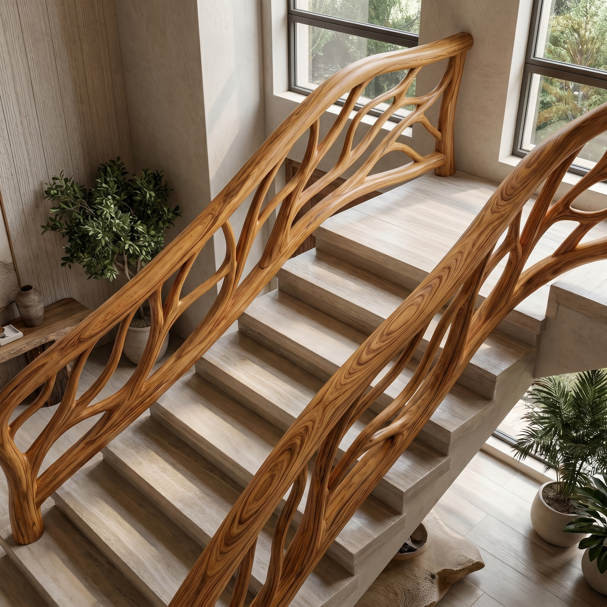 Organic Tree Branch Stair Railing With Natural Wood Design For Interior Staircase SINLHAST015