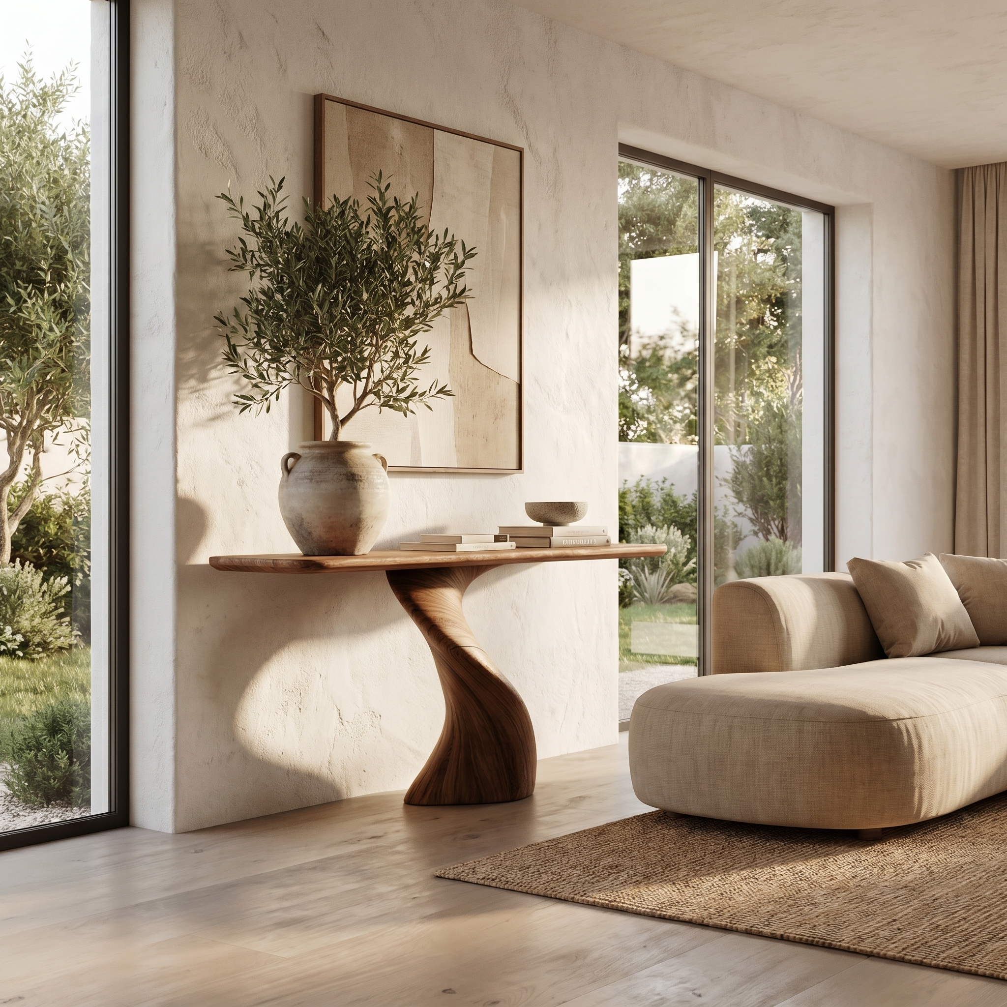 Modern Organic Console Table With Sculptural Twisted Solid Wood Base For Entryway And Living Room SINLHACS605