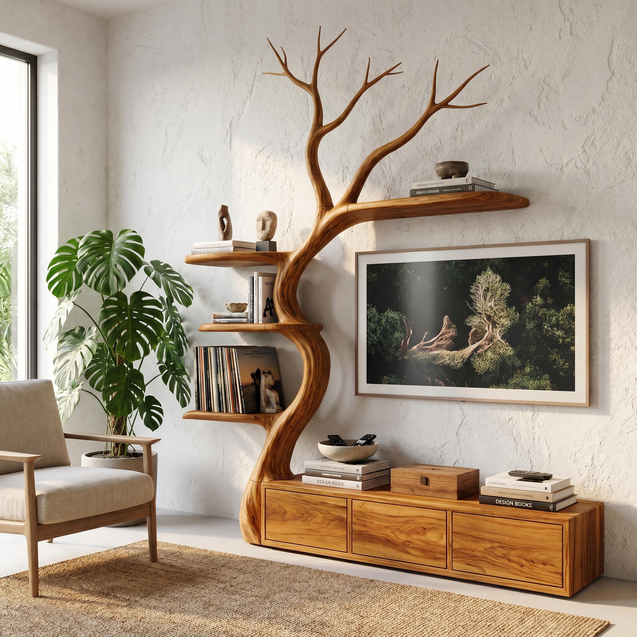 Rustic Tree Branch TV Cabinet With Integrated Display Shelves For Living Room SINLHATC039