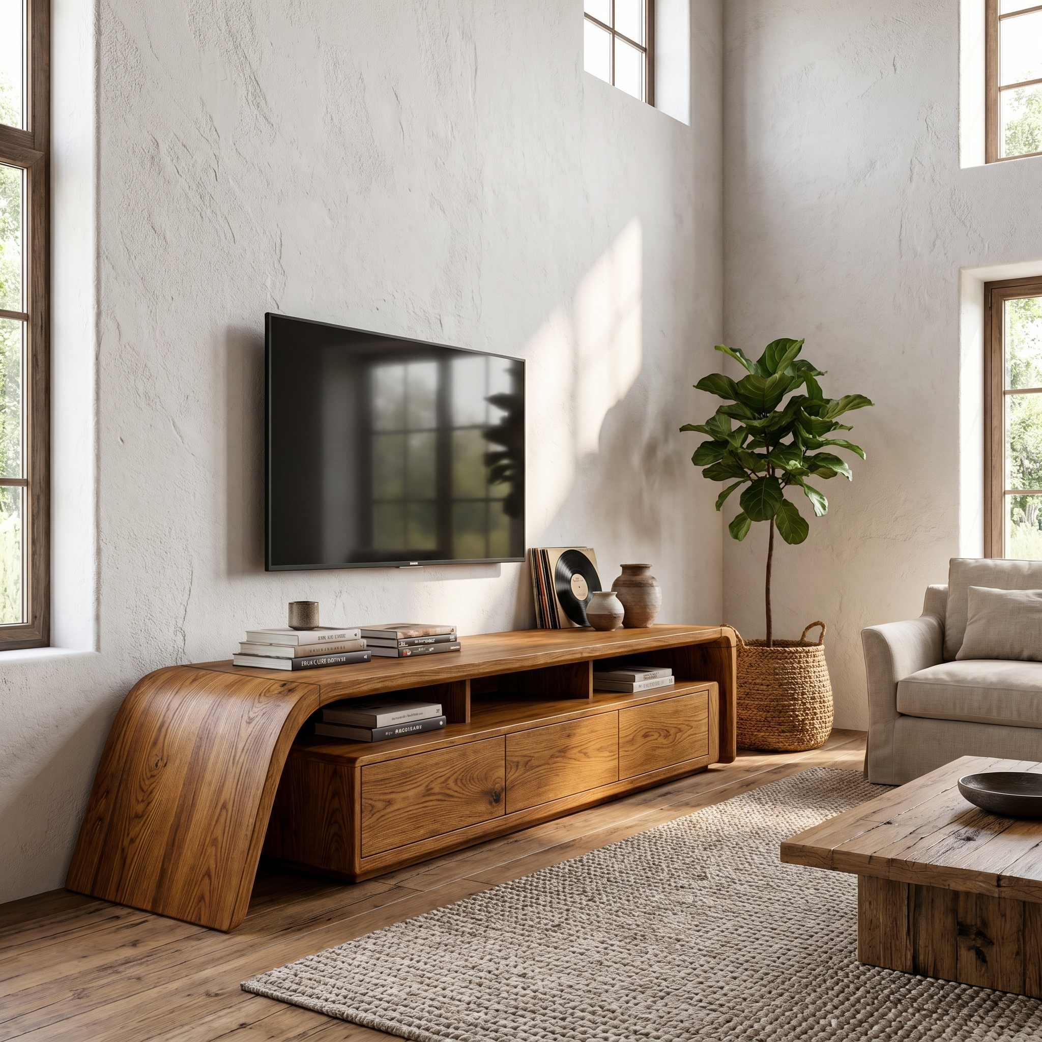 Modern TV Cabinet With Built In Storage And Rounded Curved Edges For Living Room SINLHATC040