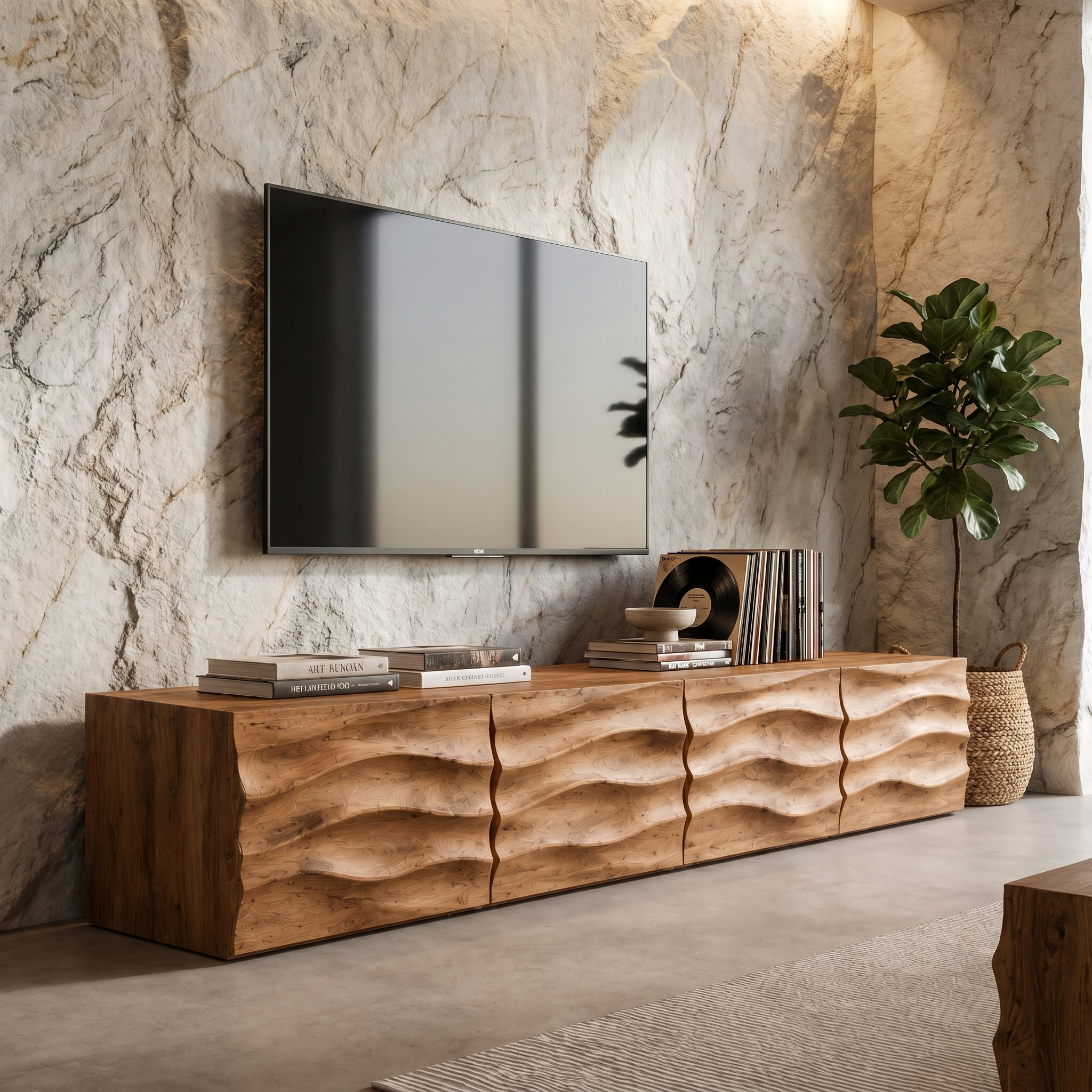 Organic TV Cabinet With Wave Front Doors And Built In Storage For Living Room SINLHATC041